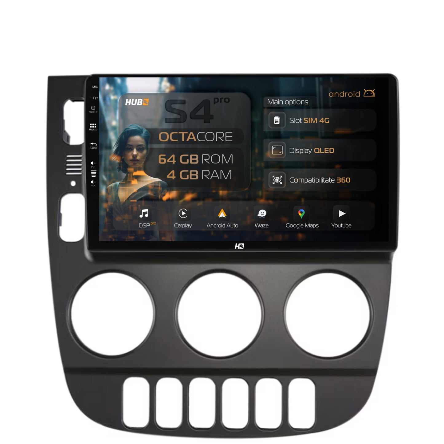 Navigatie HUB64 Mercedes Benz ML W163 (1998-2005), 4GB RAM, Android, Octacore, Slot Sim 4G, DSP, GPS, Wi-FI, Carplay, Android Auto, USB, Bluetooth, Waze, Touchscreen, 9 inch
