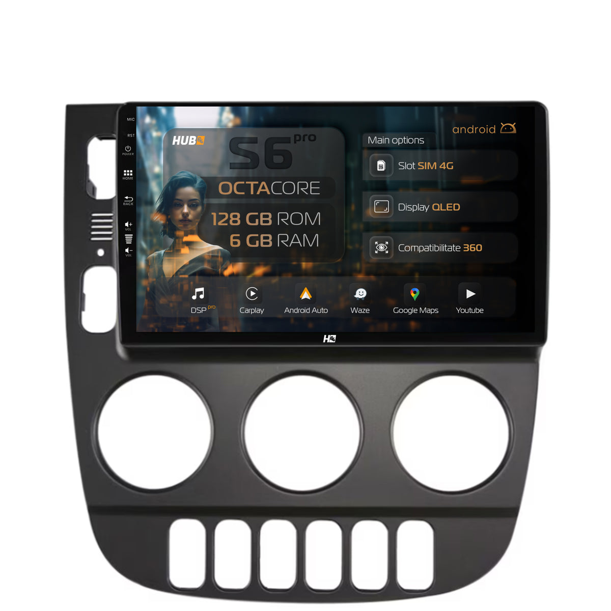 Navigatie HUB64 Mercedes Benz ML W163 (1998-2005), 6GB RAM, Android, Octacore, Slot Sim 4G, DSP, GPS, Wi-FI, Carplay, Android Auto, USB, Bluetooth, Waze, Touchscreen, 9 Inch