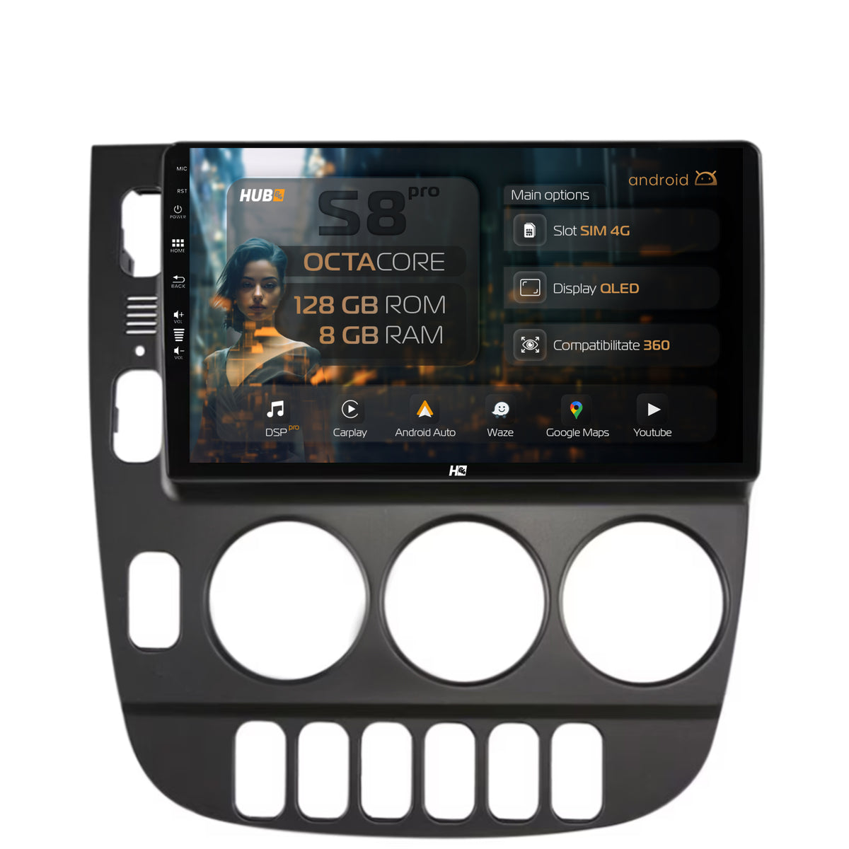 Navigatie HUB64 Mercedes Benz ML W163 (1998-2005), 8GB RAM, Android, Octacore, Slot Sim 4G, DSP, GPS, Wi-FI, Carplay, Android Auto, USB, Bluetooth, Waze, Touchscreen, 9 Inch