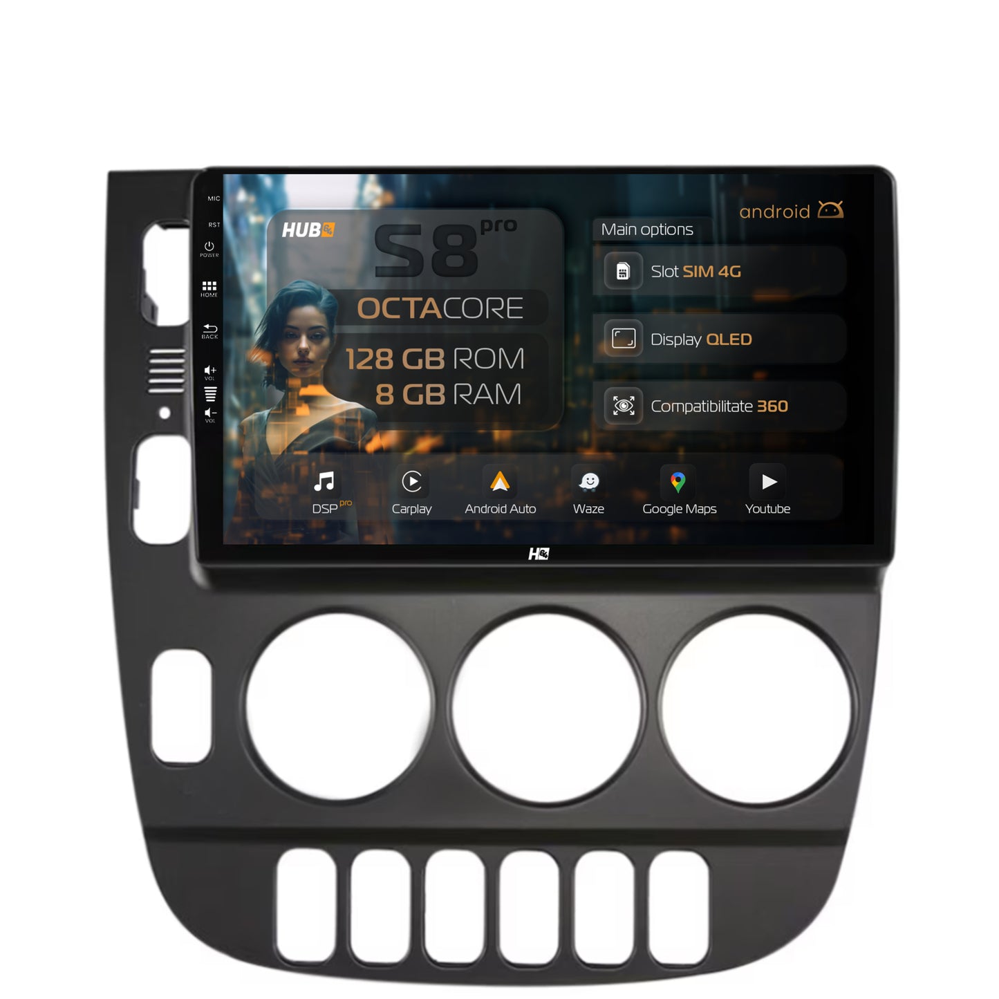 Navigatie HUB64 Mercedes Benz ML W163 (1998-2005), 8GB RAM, Android, Octacore, Slot Sim 4G, DSP, GPS, Wi-FI, Carplay, Android Auto, USB, Bluetooth, Waze, Touchscreen, 9 Inch