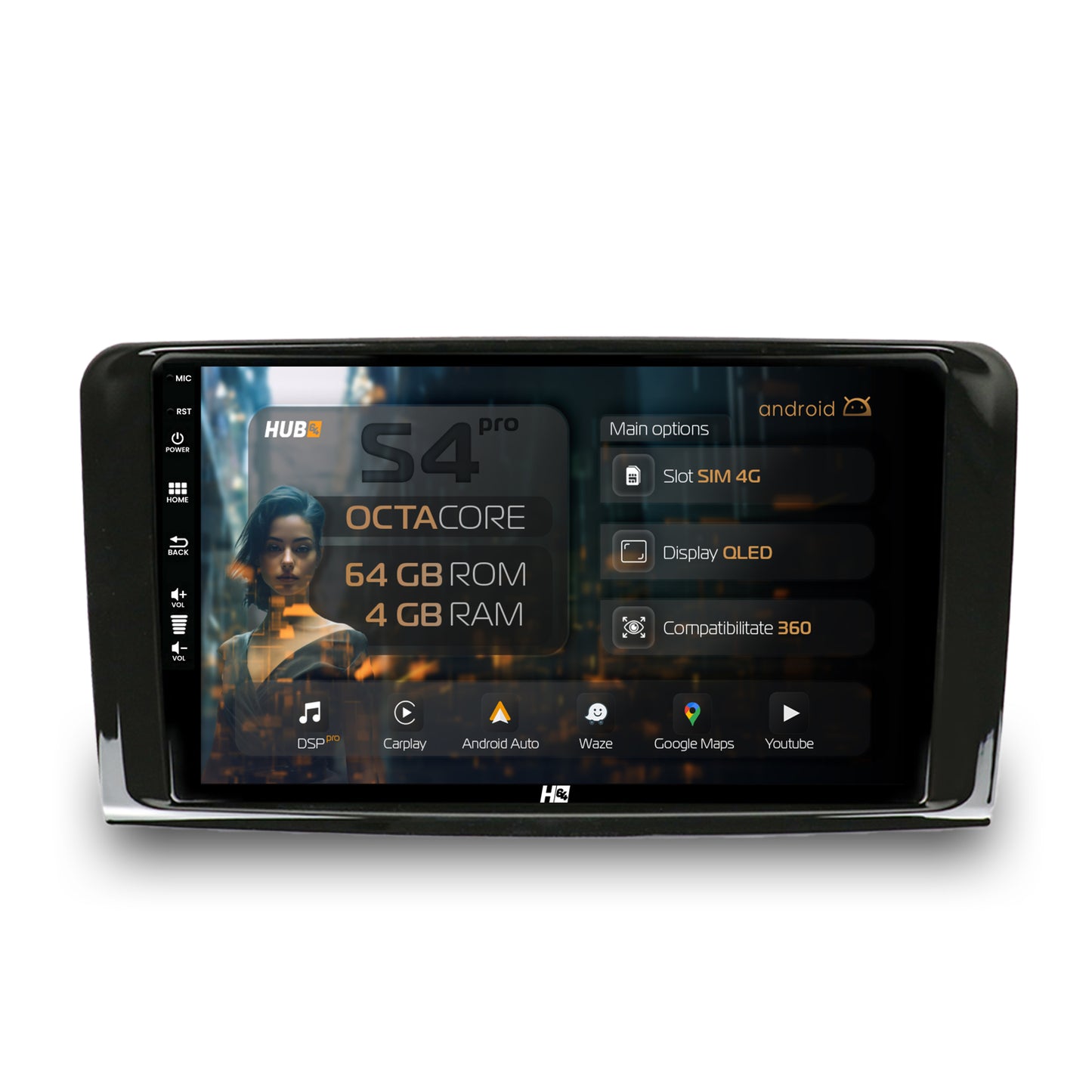 Navigatie HUB64 Mercedes Benz ML W164 / GL X164, 4GB RAM, Android, Octacore, Slot Sim 4G, DSP, GPS, Wi-FI, Carplay, Android Auto, USB, Bluetooth, Waze, Touchscreen, 9 inch