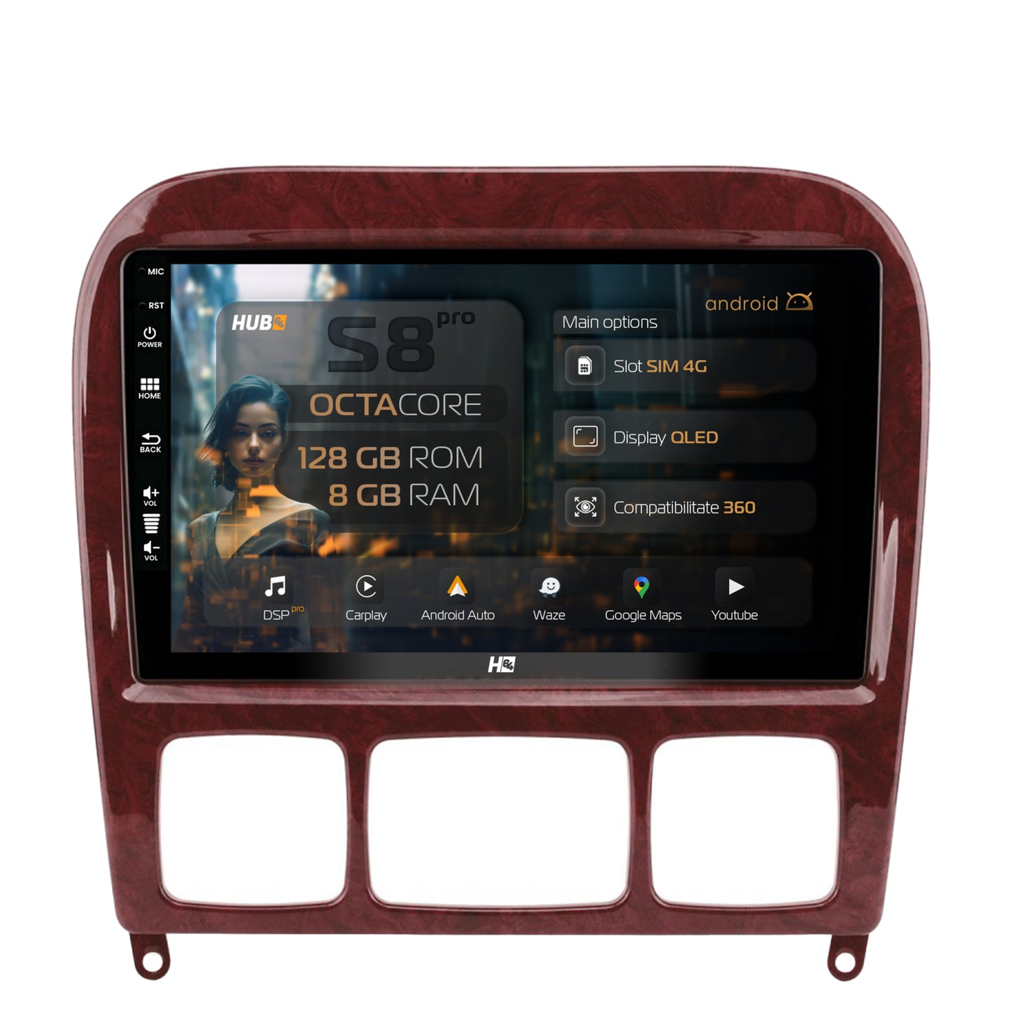 Navigatie HUB64 Mercedes Benz S-Class (1998-2005), 8GB RAM, Android, Octacore, Slot Sim 4G, DSP, GPS, Wi-FI, Carplay, Android Auto, USB, Bluetooth, Waze, Touchscreen, 9 Inch