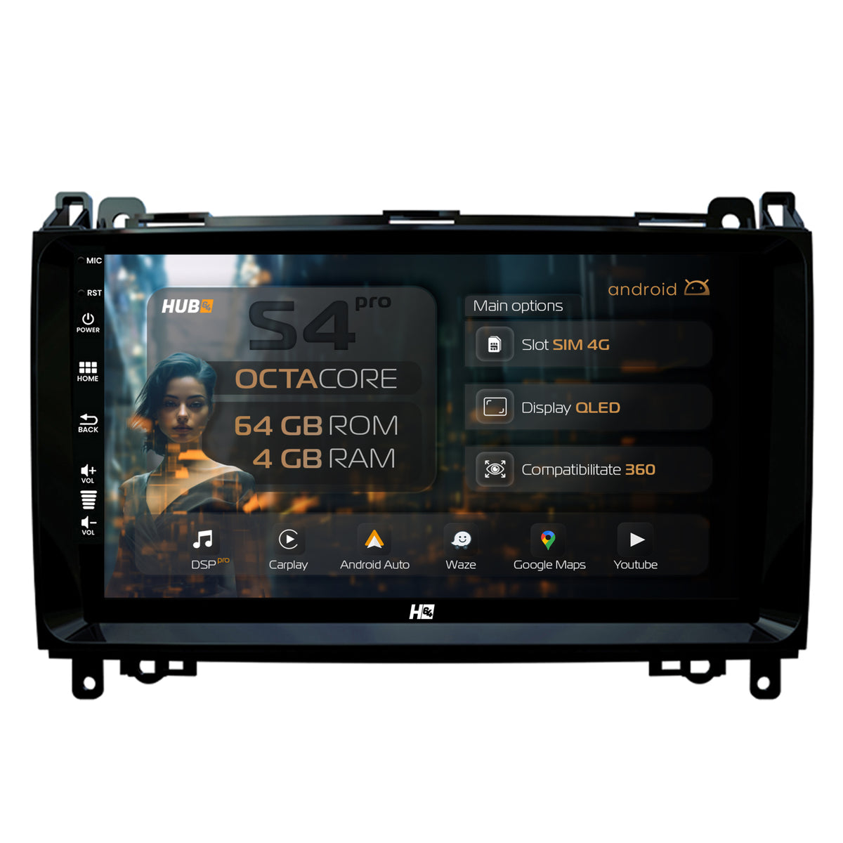 Navigatie HUB64 Mercedes Benz Sprinter, Viano, Vito, A/B Class, Crafter, 4GB RAM, Android, Octacore, Slot Sim 4G, DSP, GPS, Wi-FI, Carplay, Android Auto, USB, Bluetooth, Waze, Touchscreen, 9