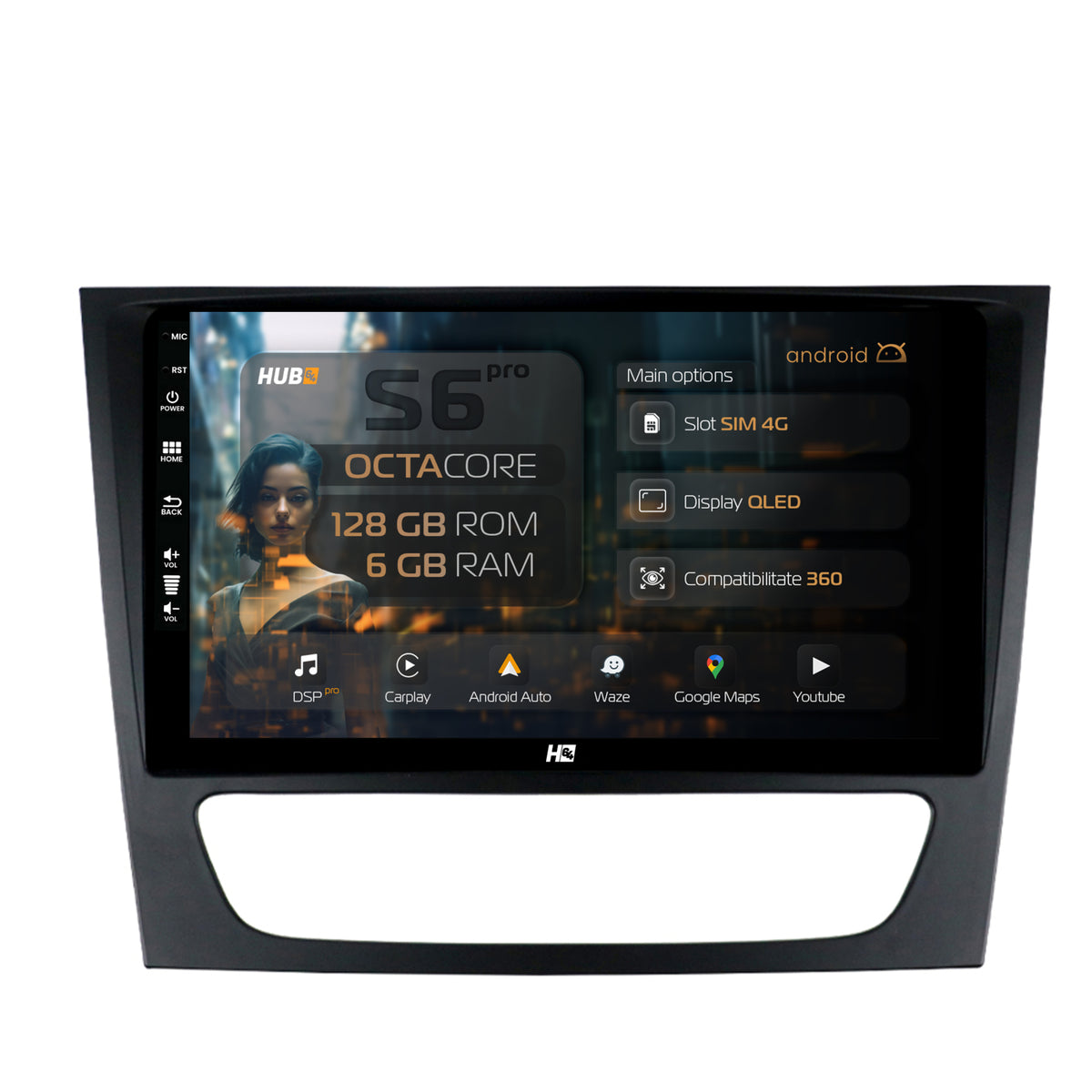 Navigatie HUB64 Mercedes Benz W211/CLS, 6GB RAM, Android, Octacore, Slot Sim 4G, DSP, GPS, Wi-FI, Carplay, Android Auto, USB, Bluetooth, Waze, Touchscreen, 9 Inch