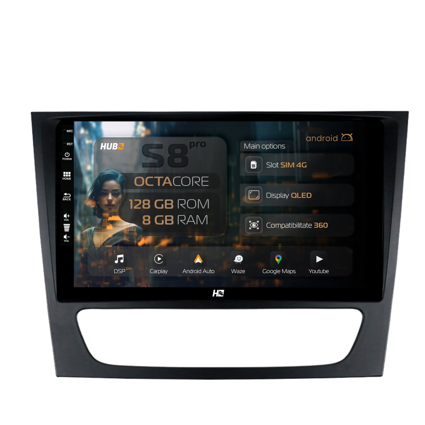 Navigatie HUB64 Mercedes Benz W211/CLS, 8GB RAM, Android, Octacore, Slot Sim 4G, DSP, GPS, Wi-FI, Carplay, Android Auto, USB, Bluetooth, Waze, Touchscreen, 9 Inch