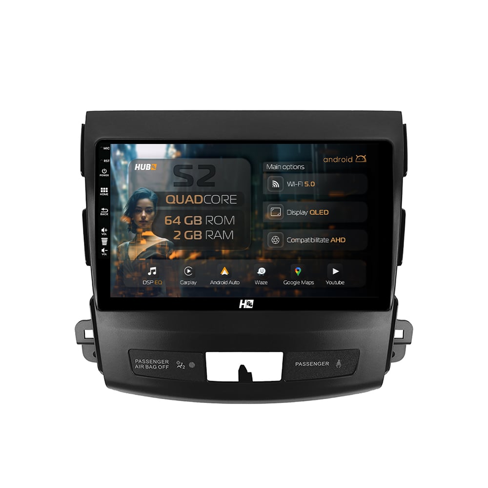 Navigatie HUB64 Mitstubishi Outlander / Peugeot 4007 / Citroen C-Crosser, 2GB RAM, Android, GPS, Wi-FI, Carplay, Android Auto, USB, Bluetooth, Radio, Waze, Touchscreen, 9 inch