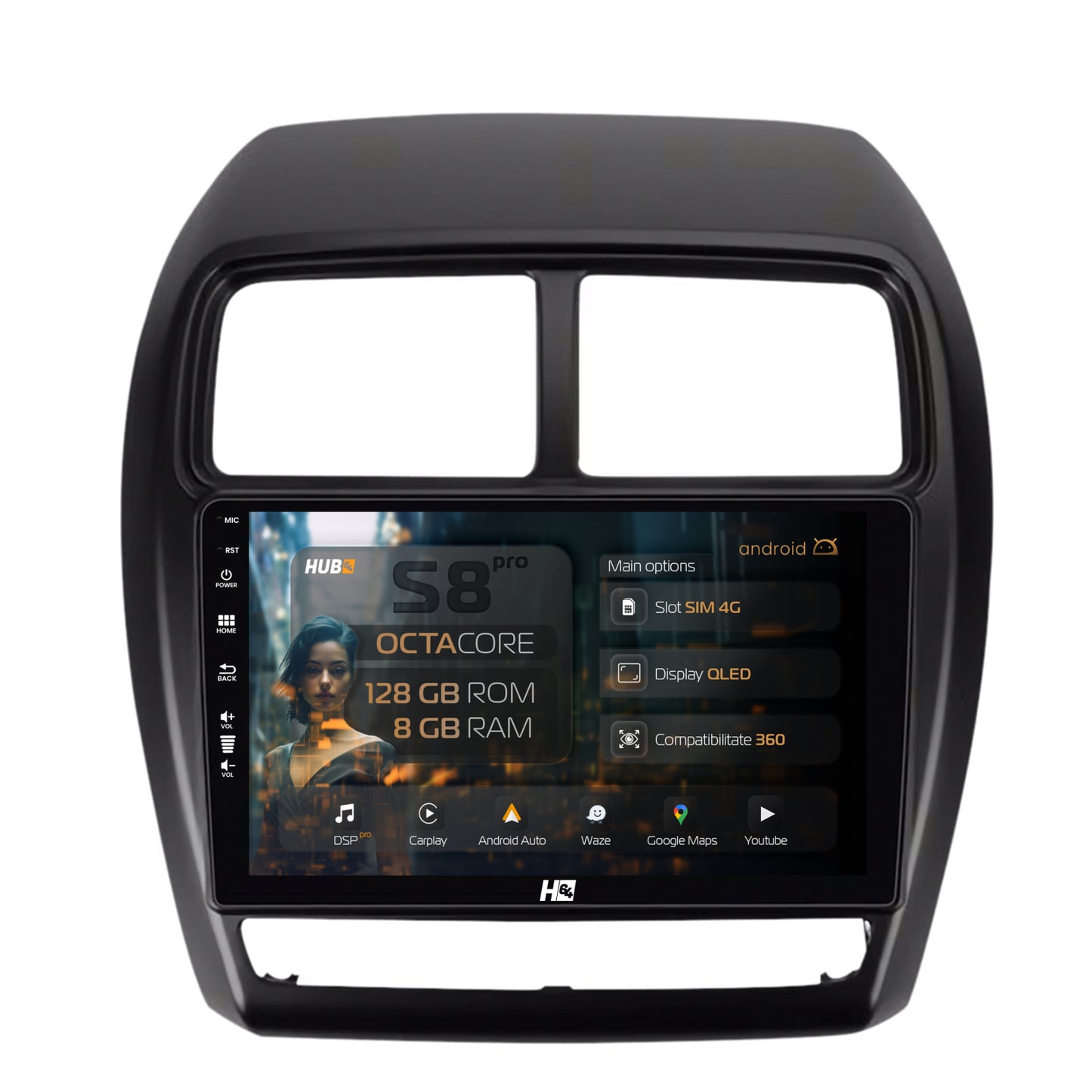 Navigatie HUB64 Mitsubishi ASX (2016-2019, 8GB RAM, Android, Octacore, Slot Sim 4G, DSP, GPS, Wi-FI, Carplay, Android Auto, USB, Bluetooth, Waze, Touchscreen, 9 Inch