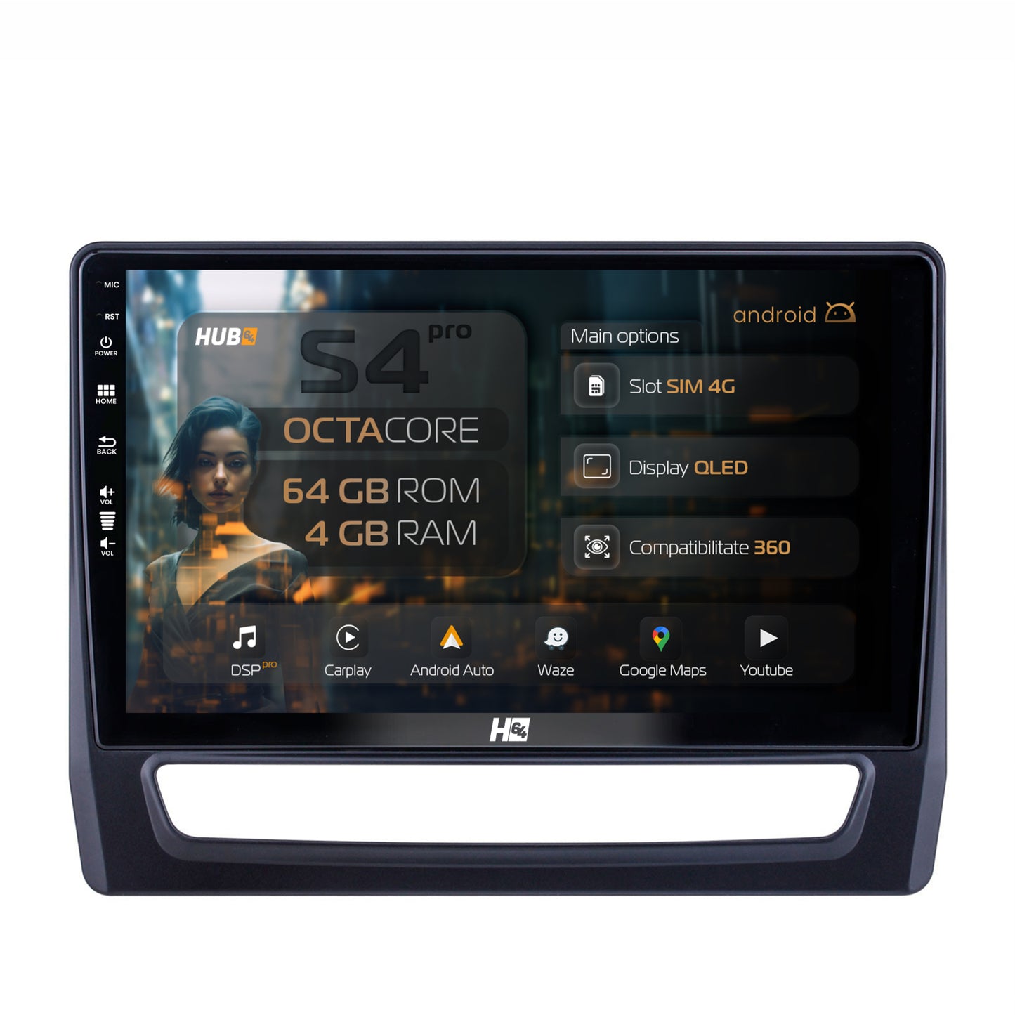 Navigatie HUB64 Mitsubishi ASX (2019+), 4GB RAM, Android, Octacore, Slot Sim 4G, DSP, GPS, Wi-FI, Carplay, Android Auto, USB, Bluetooth, Waze, Touchscreen, 10.1 Inch