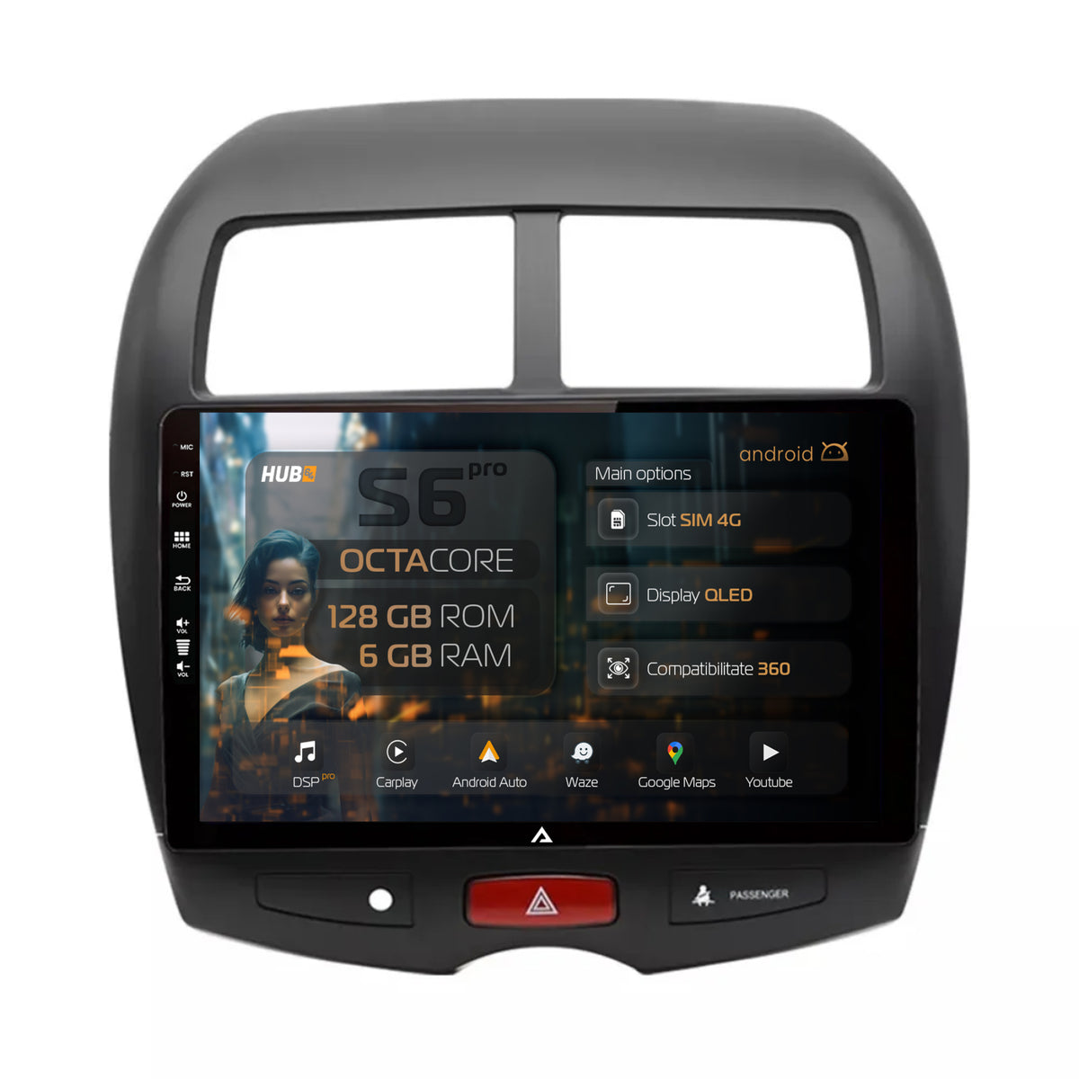 Navigatie HUB64 Mitsubishi ASX / Peugeot 4008 (2010-2018), 6GB RAM, Android, Octacore, Slot Sim 4G, DSP, GPS, Wi-FI, Carplay, Android Auto, USB, Bluetooth, Waze, Touchscreen, 10.1 Inch