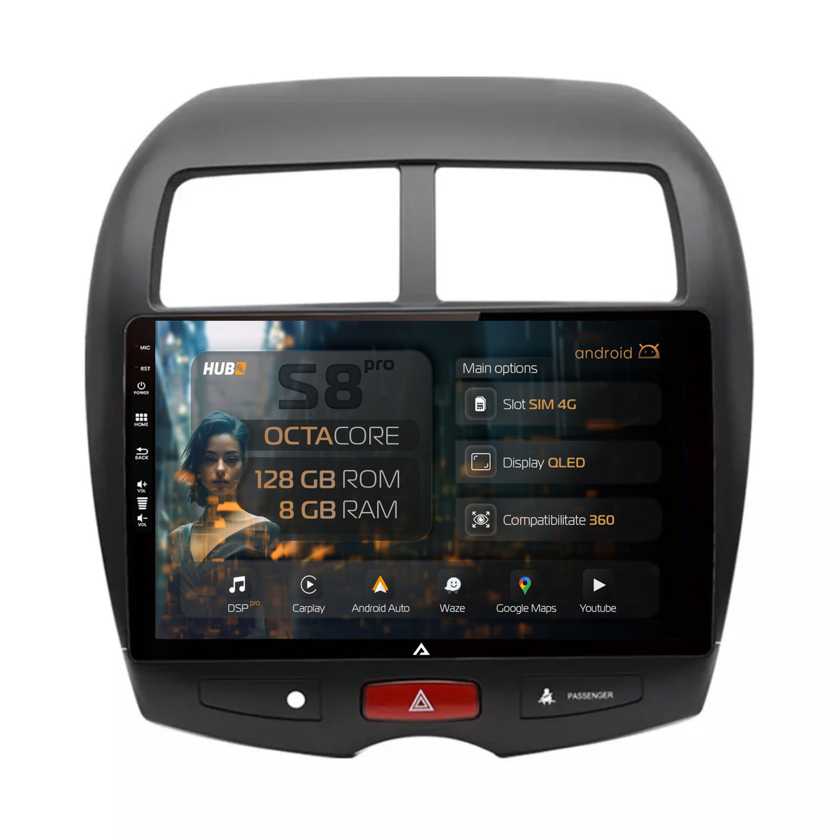 Navigatie HUB64 Mitsubishi ASX / Peugeot 4008 (2010-2018), 8GB RAM, Android, Octacore, Slot Sim 4G, DSP, GPS, Wi-FI, Carplay, Android Auto, USB, Bluetooth, Waze, Touchscreen, 10.1 Inch