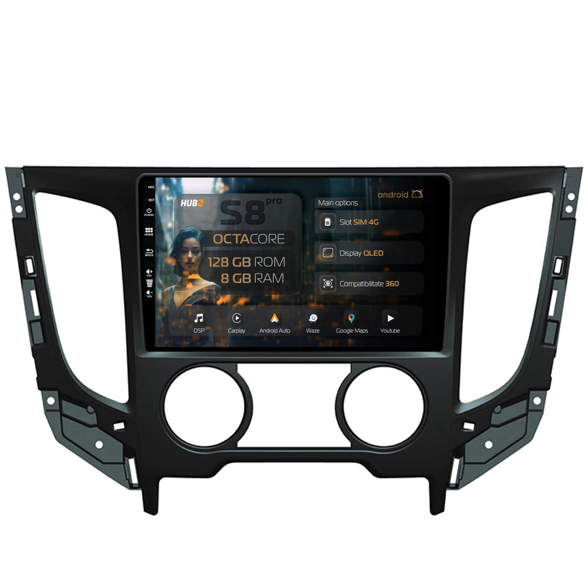 Navigatie HUB64 Mitsubishi L200 (2014-2020), 8GB RAM, Android, Octacore, Slot Sim 4G, DSP, GPS, Wi-FI, Carplay, Android Auto, USB, Bluetooth, Waze, Touchscreen, 9 Inch