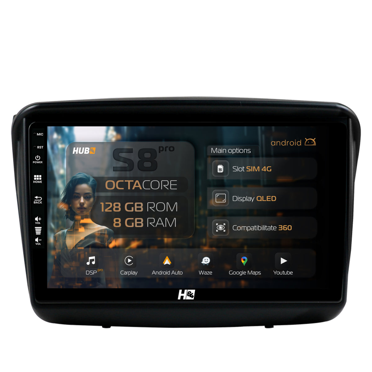 Navigatie HUB64 Mitsubishi L200 / Pajero Sport, 8GB RAM, Android, Octacore, Slot Sim 4G, DSP, GPS, Wi-FI, Carplay, Android Auto, USB, Bluetooth, Waze, Touchscreen, 9 Inch