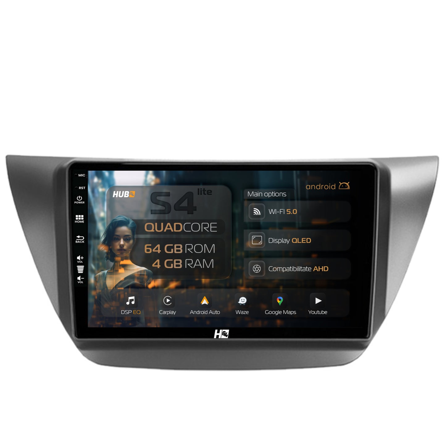 Navigatie HUB64 Mitsubishi Lancer (2003-2007), 4GB RAM, Android, Quadcore, DSP, GPS, Wi-FI, Carplay, Android Auto, USB, Bluetooth, Waze, Touchscreen, 9 inch