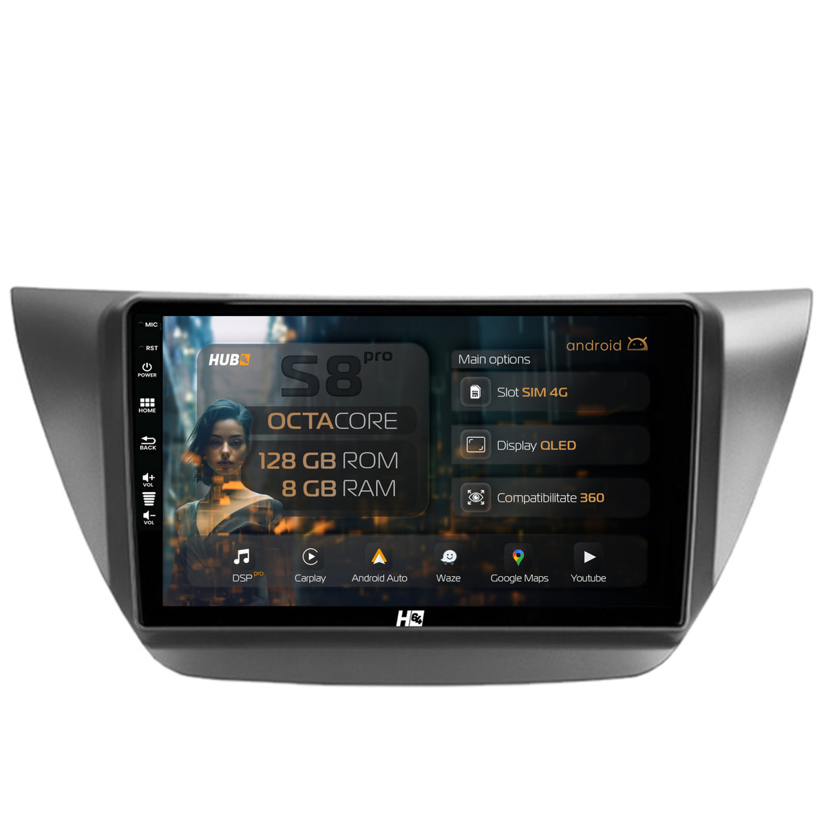Navigatie HUB64 Mitsubishi Lancer (2003-2007), 8GB RAM, Android, Octacore, Slot Sim 4G, DSP, GPS, Wi-FI, Carplay, Android Auto, USB, Bluetooth, Waze, Touchscreen, 9 Inch