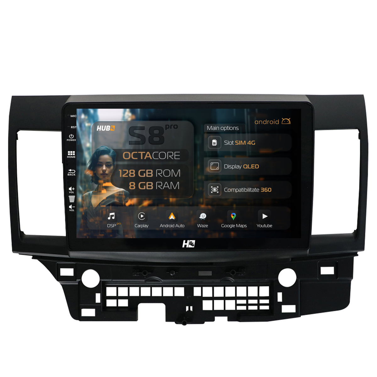 Navigatie HUB64 Mitsubishi Lancer (2007-2016), 8GB RAM, Android, Octacore, Slot Sim 4G, DSP, GPS, Wi-FI, Carplay, Android Auto, USB, Bluetooth, Waze, Touchscreen, 10.1 Inch