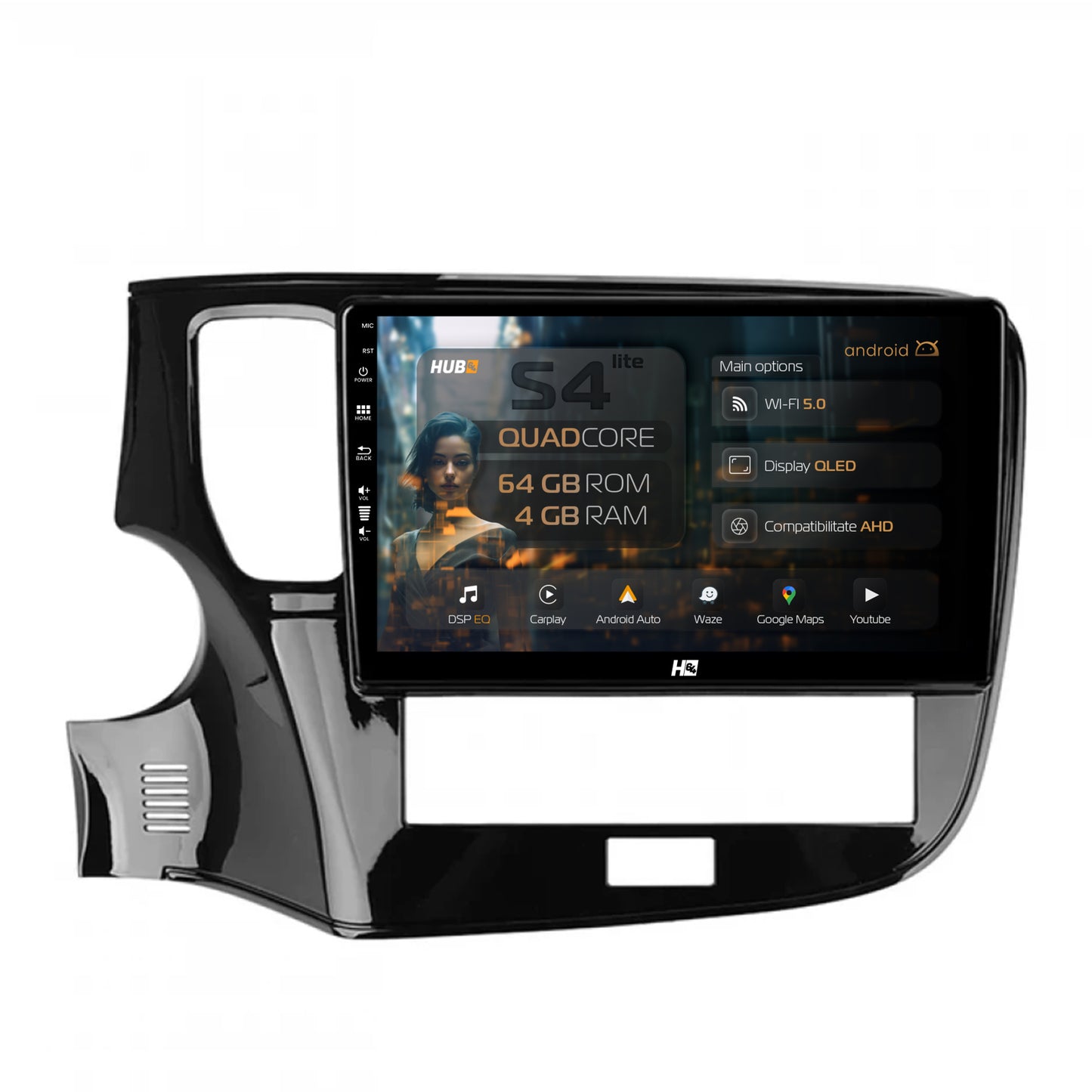Navigatie HUB64 Mitsubishi Outlander (2019-2021), 4GB RAM, Android, Quadcore, DSP, GPS, Wi-FI, Carplay, Android Auto, USB, Bluetooth, Waze, Touchscreen, 10.1 Inch