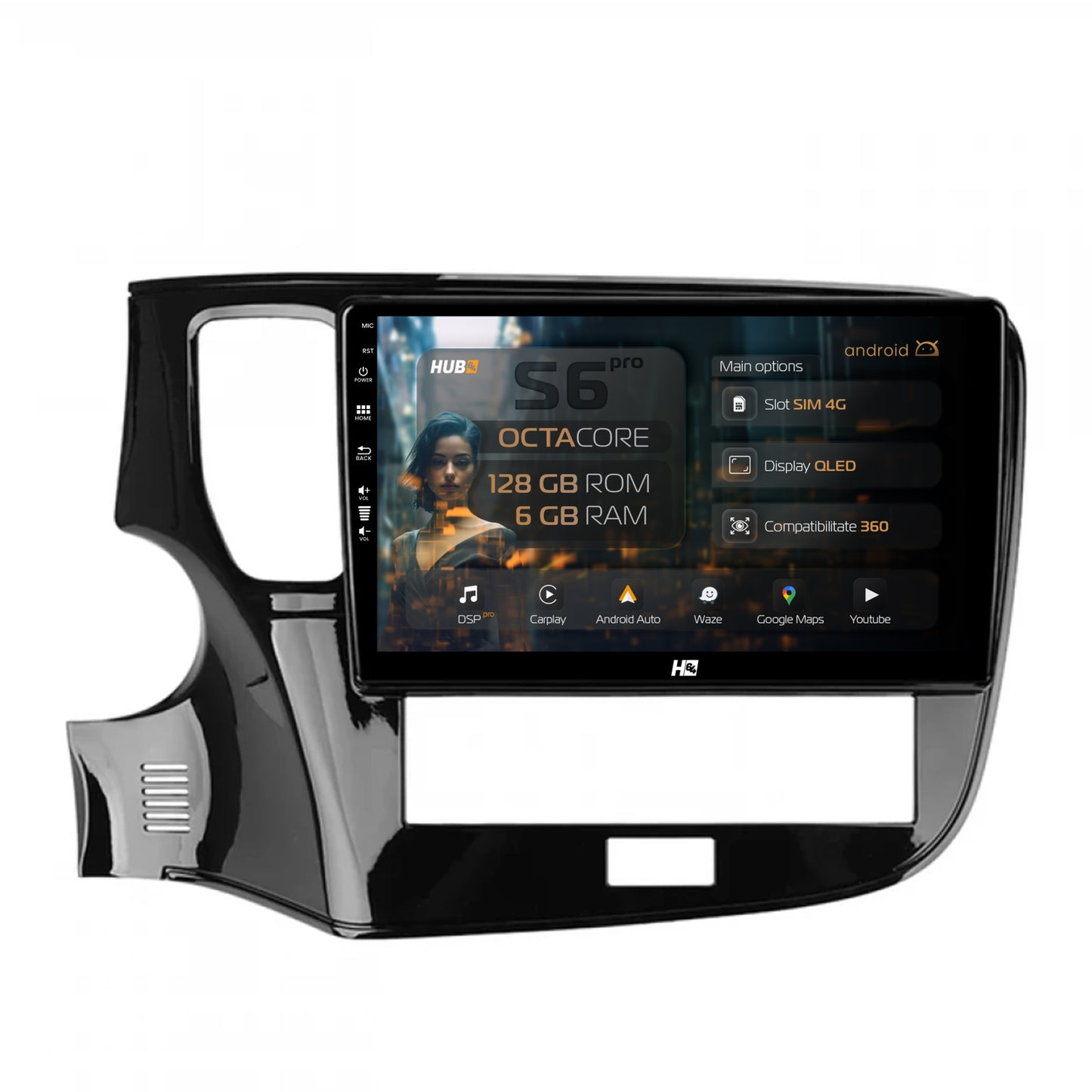 Navigatie HUB64 Mitsubishi Outlander (2019-2021), 6GB RAM, Android, Octacore, Slot Sim 4G, DSP, GPS, Wi-FI, Carplay, Android Auto, USB, Bluetooth, Waze, Touchscreen, 10.1 Inch