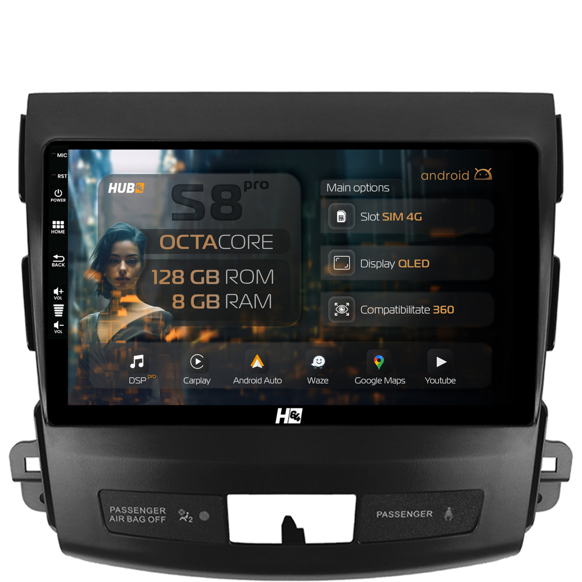 Navigatie HUB64 Mitsubishi Outlander / Peugeot 4007 / Citron C-Crosser, 8GB RAM, Android, Octacore, Slot Sim 4G, DSP, GPS, Wi-FI, Carplay, Android Auto, USB, Bluetooth, Waze, Touchscreen, 9