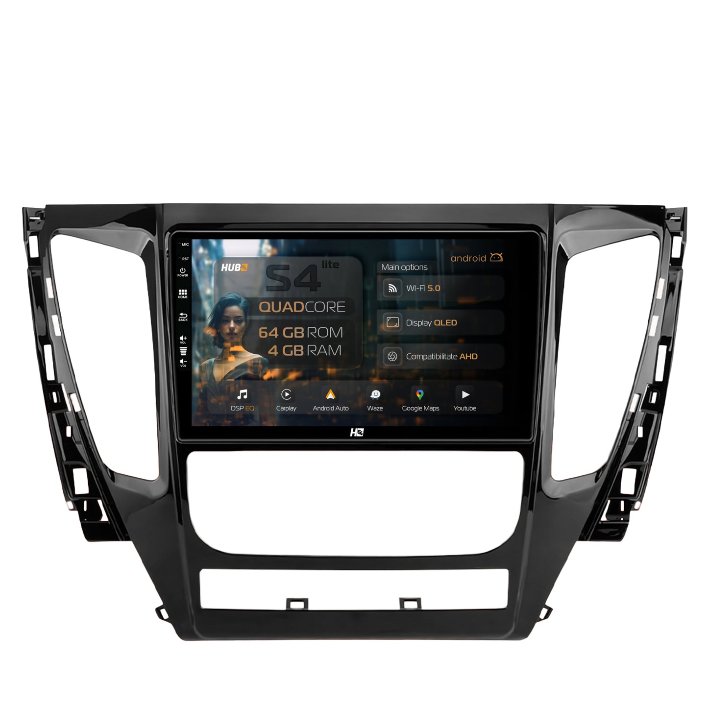 Navigatie HUB64 Mitsubishi Pajero (2016-2018), 4GB RAM, Android, Quadcore, DSP, GPS, Wi-FI, Carplay, Android Auto, USB, Bluetooth, Waze, Touchscreen, 9 inch