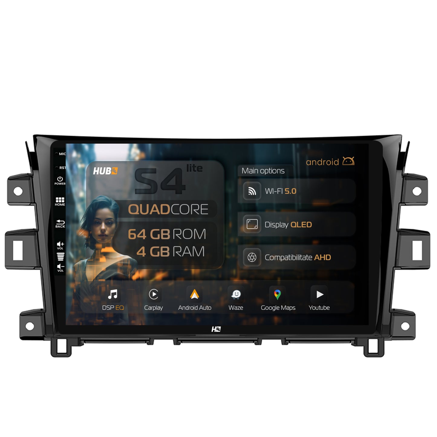 Navigatie HUB64 Nissan Navara (2015+), 4GB RAM, Android, Quadcore, DSP, GPS, Wi-FI, Carplay, Android Auto, USB, Bluetooth, Waze, Touchscreen, 10.1 inch