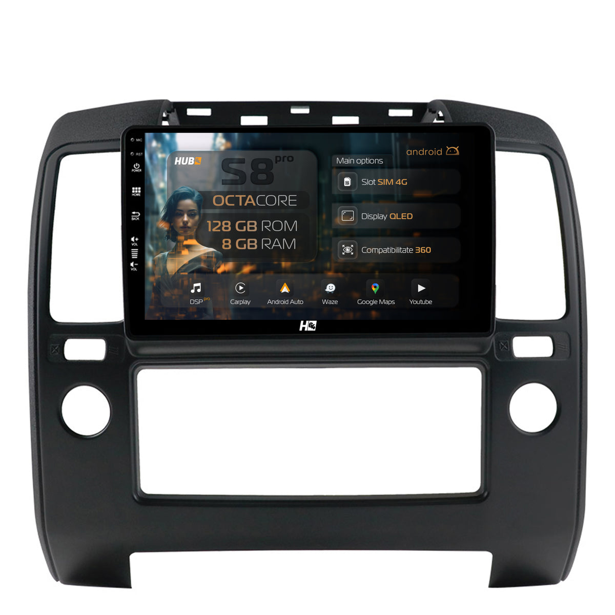 Navigatie HUB64 Nissan Navara, 8GB RAM, Android, Octacore, Slot Sim 4G, DSP, GPS, Wi-FI, Carplay, Android Auto, USB, Bluetooth, Waze, Touchscreen, 9 Inch