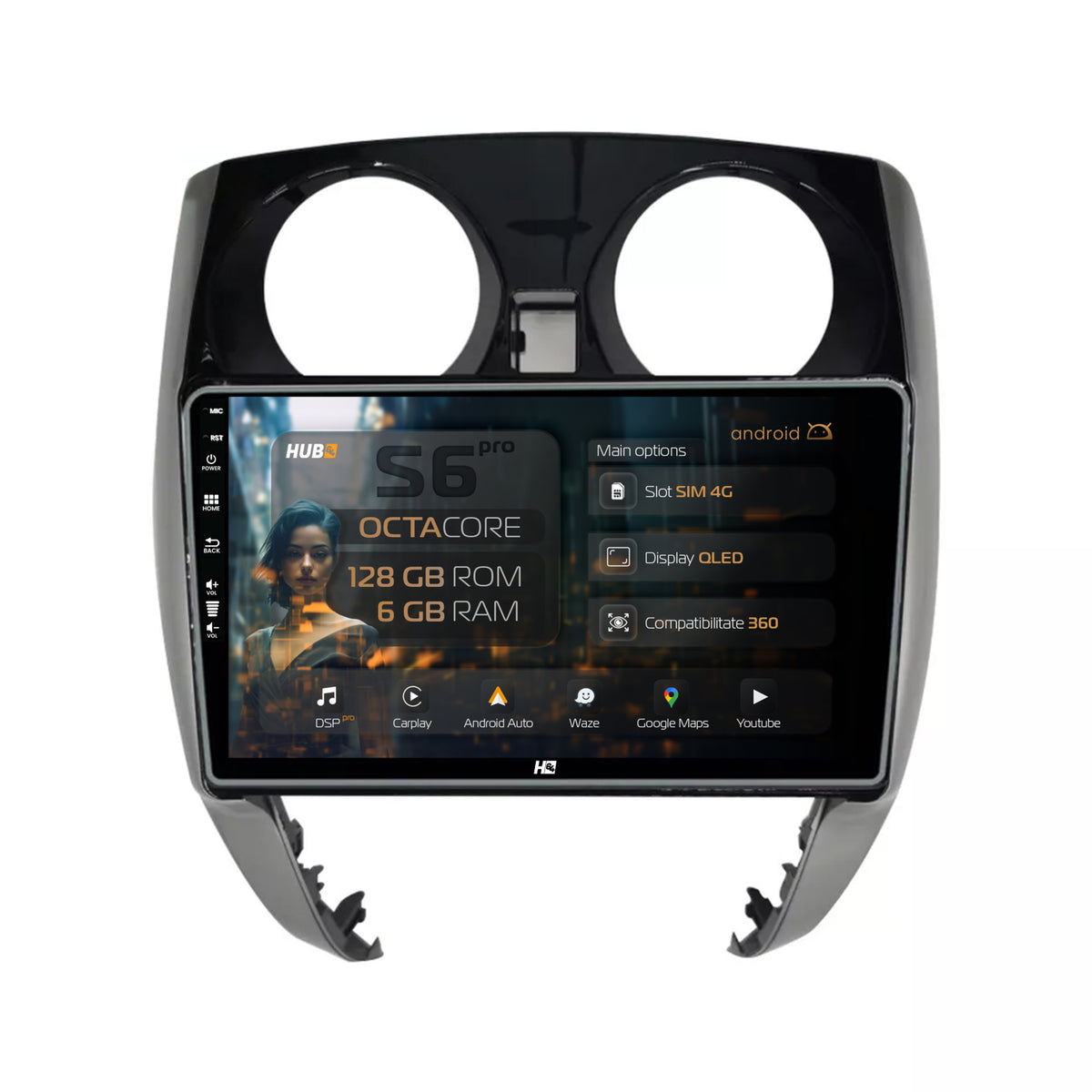 Navigatie HUB64 Nissan Note (2012-2019), 6GB RAM, Android, Octacore, Slot Sim 4G, DSP, GPS, Wi-FI, Carplay, Android Auto, USB, Bluetooth, Waze, Touchscreen, 9'' Inch
