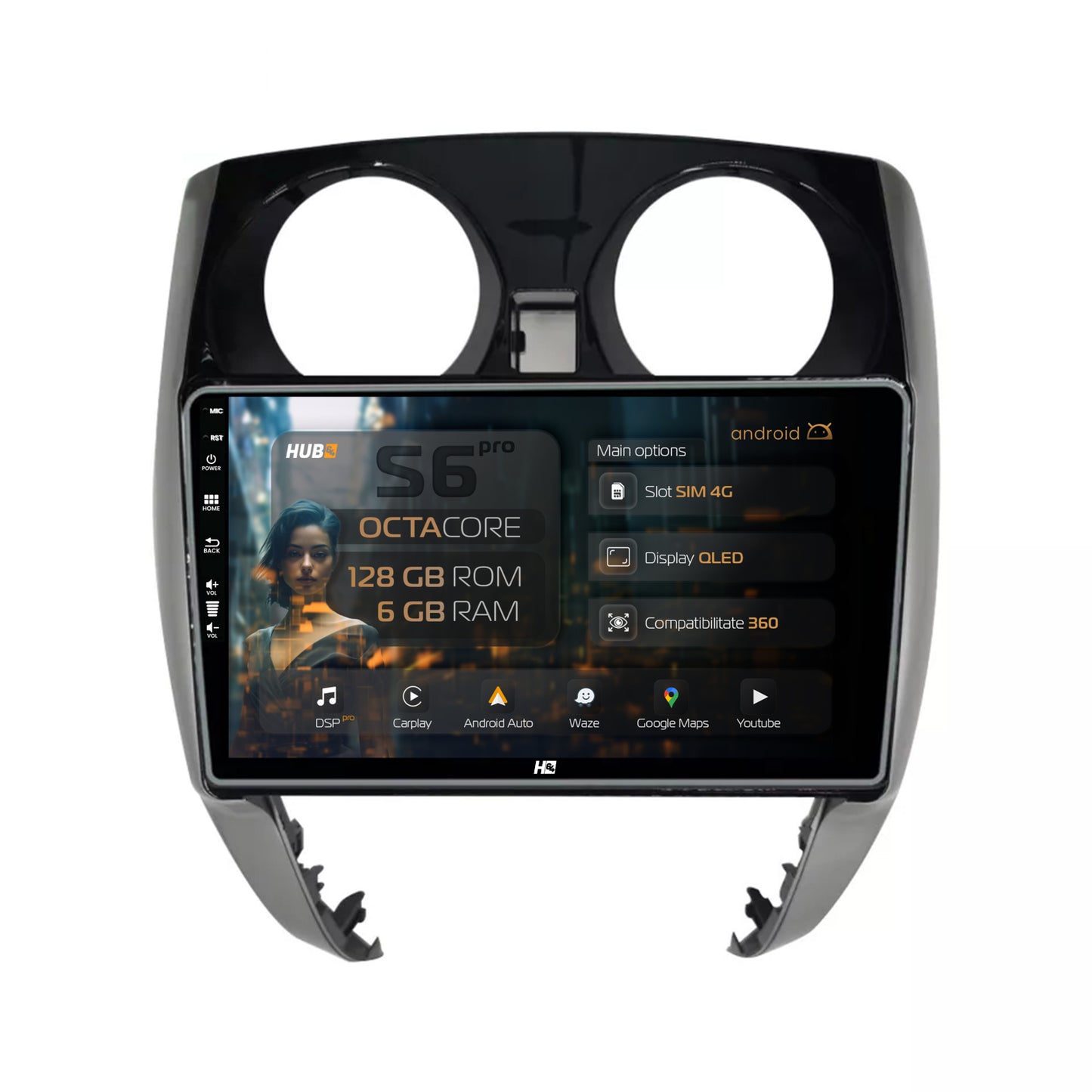 Navigatie HUB64 Nissan Note (2012-2019), 6GB RAM, Android, Octacore, Slot Sim 4G, DSP, GPS, Wi-FI, Carplay, Android Auto, USB, Bluetooth, Waze, Touchscreen, 9'' Inch