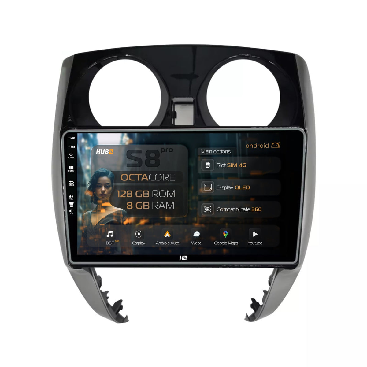 Navigatie HUB64 Nissan Note (2012-2019), 8GB RAM, Android, Octacore, Slot Sim 4G, DSP, GPS, Wi-FI, Carplay, Android Auto, USB, Bluetooth, Waze, Touchscreen, 9'' Inch