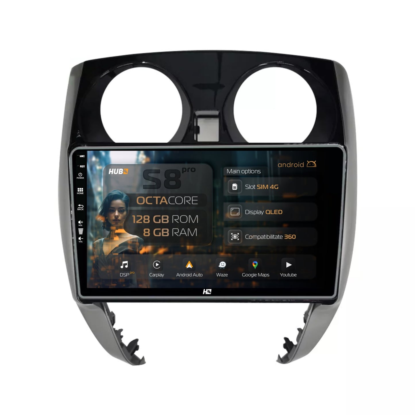 Navigatie HUB64 Nissan Note (2012-2019), 8GB RAM, Android, Octacore, Slot Sim 4G, DSP, GPS, Wi-FI, Carplay, Android Auto, USB, Bluetooth, Waze, Touchscreen, 9'' Inch