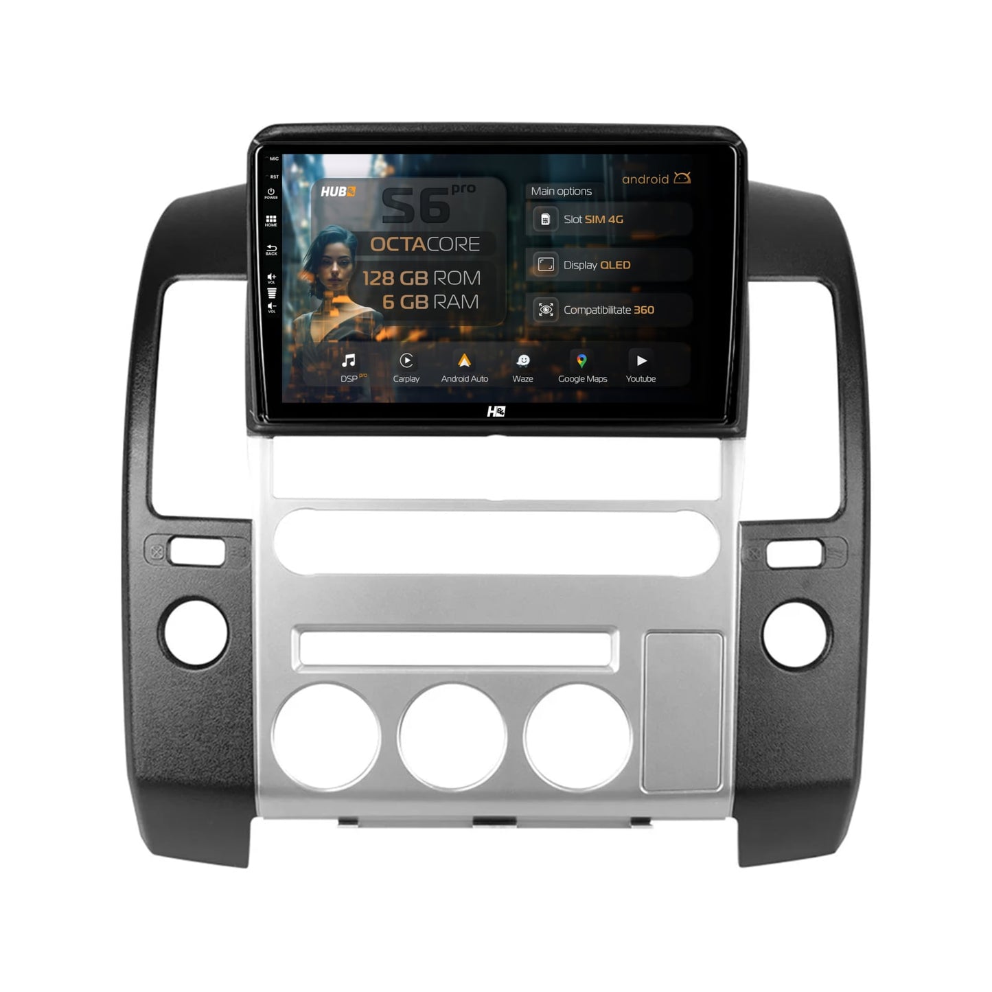 Navigatie HUB64 Nissan Pathfinder-Navara (2005-2014), 6GB RAM, Android, Octacore, Slot Sim 4G, DSP, GPS, Wi-FI, Carplay, Android Auto, USB, Bluetooth, Waze, Touchscreen, 9 Inch