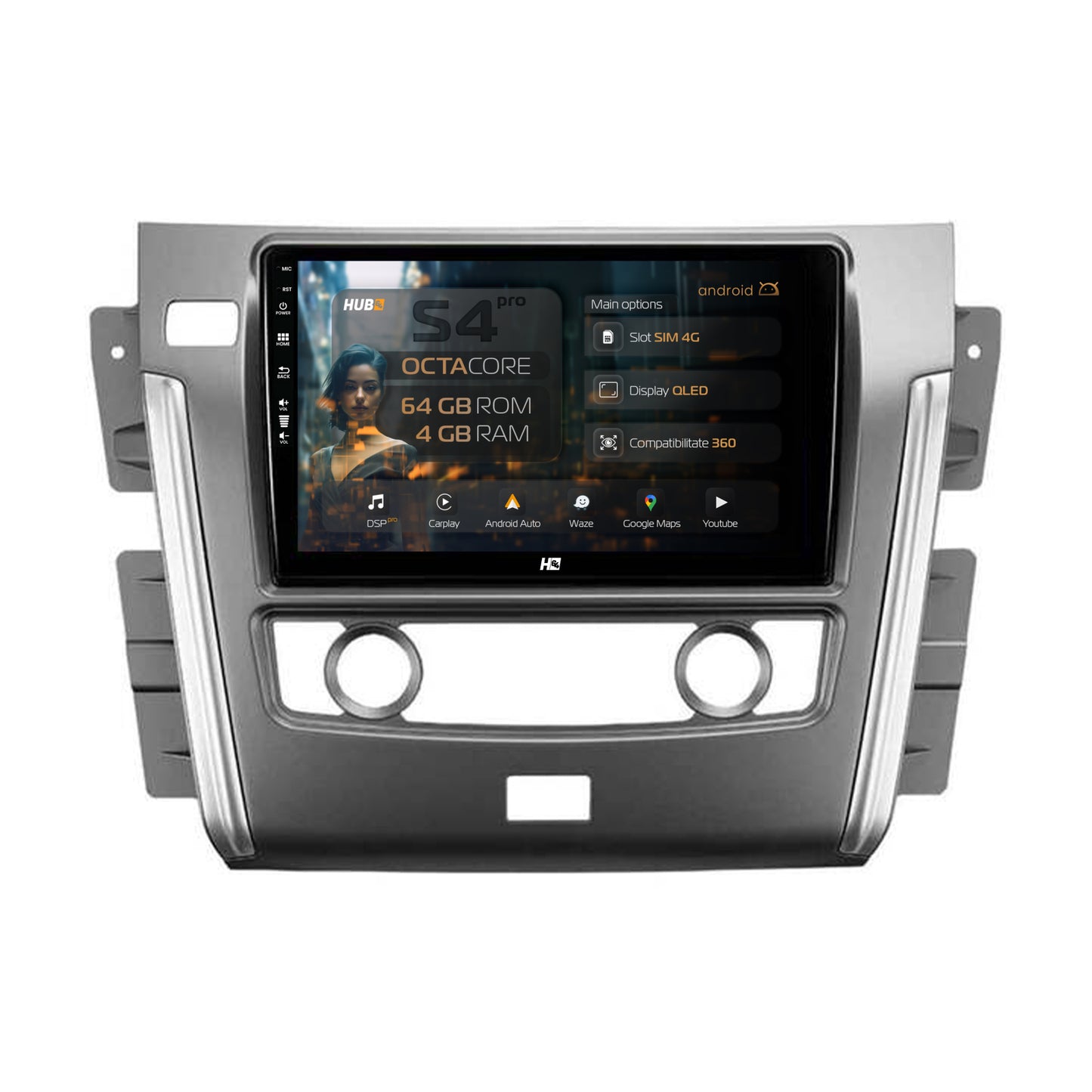 Navigatie HUB64 Nissan Patrol (2010-2020), 4GB RAM, Android, Octacore, Slot Sim 4G, DSP, GPS, Wi-FI, Carplay, Android Auto, USB, Bluetooth, Waze, Touchscreen, 10.1 nch