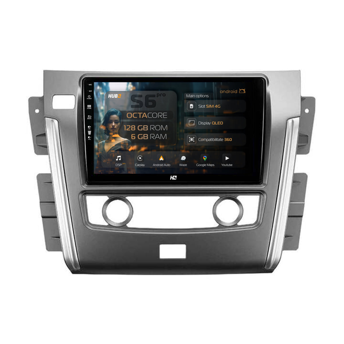 Navigatie HUB64 Nissan Patrol (2010-2020), 6GB RAM, Android, Octacore, Slot Sim 4G, DSP, GPS, Wi-FI, Carplay, Android Auto, USB, Bluetooth, Waze, Touchscreen, 10.1'' Inch