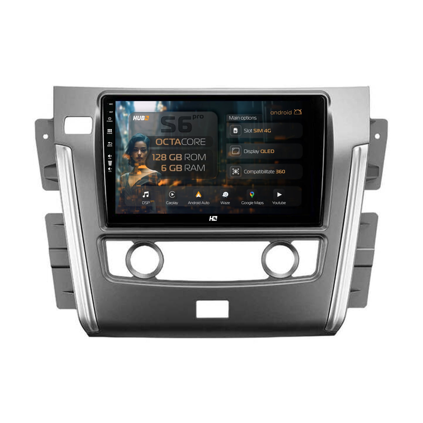 Navigatie HUB64 Nissan Patrol (2010-2020), 6GB RAM, Android, Octacore, Slot Sim 4G, DSP, GPS, Wi-FI, Carplay, Android Auto, USB, Bluetooth, Waze, Touchscreen, 10.1'' Inch
