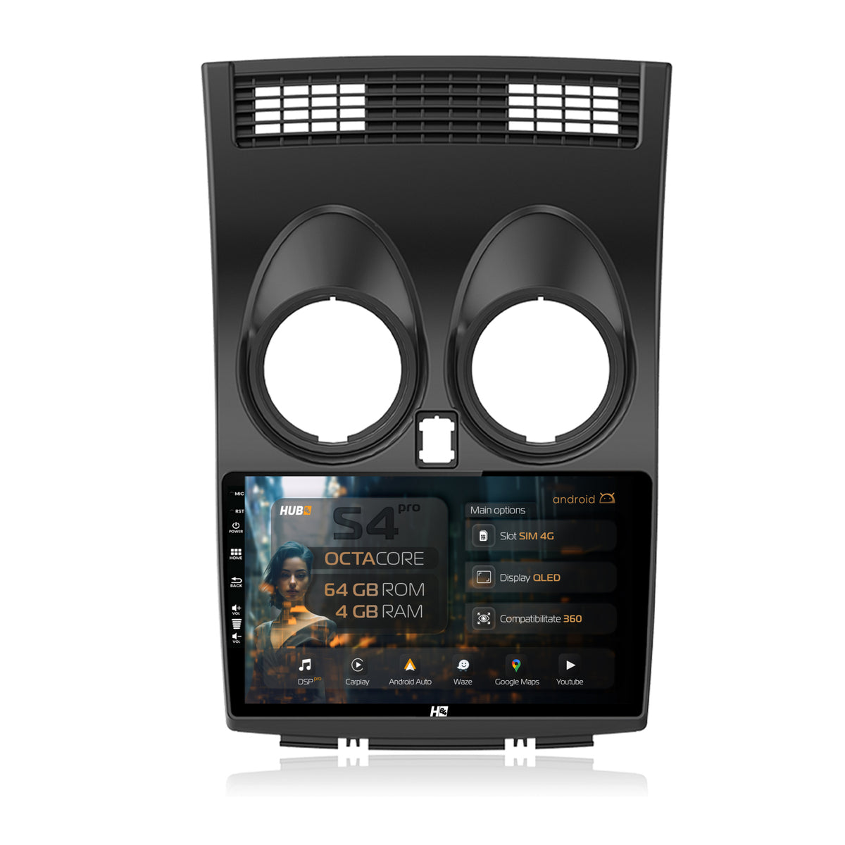 Navigatie HUB64 Nissan Qashqai (2006-2014), 4GB RAM, Android, Octacore, Slot Sim 4G, DSP, GPS, Wi-FI, Carplay, Android Auto, USB, Bluetooth, Waze, Touchscreen, 9 inch