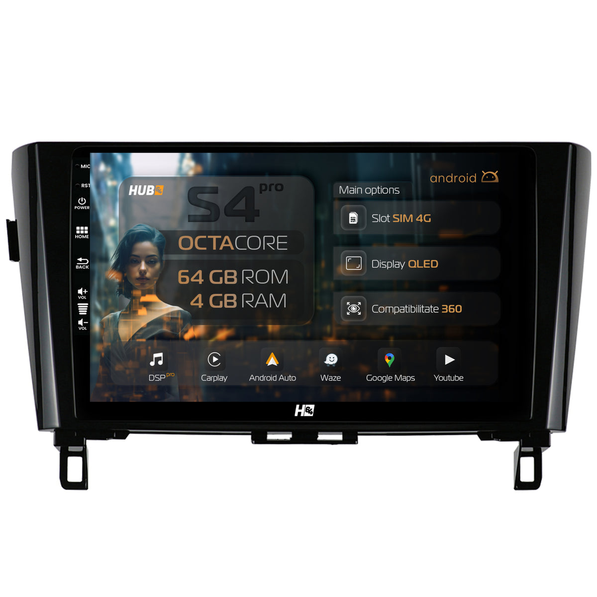 Navigatie HUB64 Nissan Qashqai / X-Trail (2013+), 4GB RAM, Android, Octacore, Slot Sim 4G, DSP, GPS, Wi-FI, Carplay, Android Auto, USB, Bluetooth, Waze, Touchscreen, 10.1 Inch