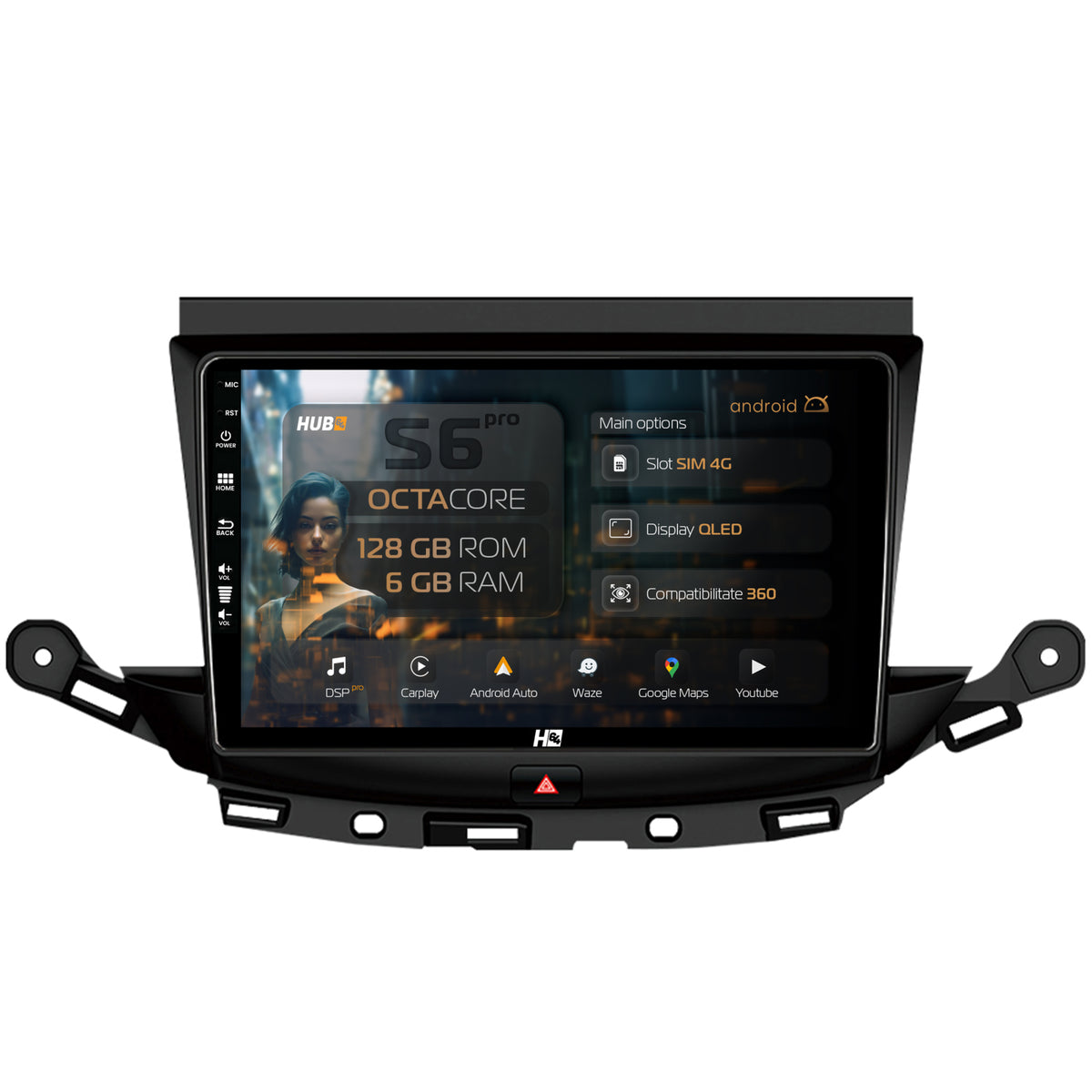 Navigatie HUB64 Opel Astra K, 6GB RAM, Android, Octacore, Slot Sim 4G, DSP, GPS, Wi-FI, Carplay, Android Auto, USB, Bluetooth, Waze, Touchscreen, 9 Inch