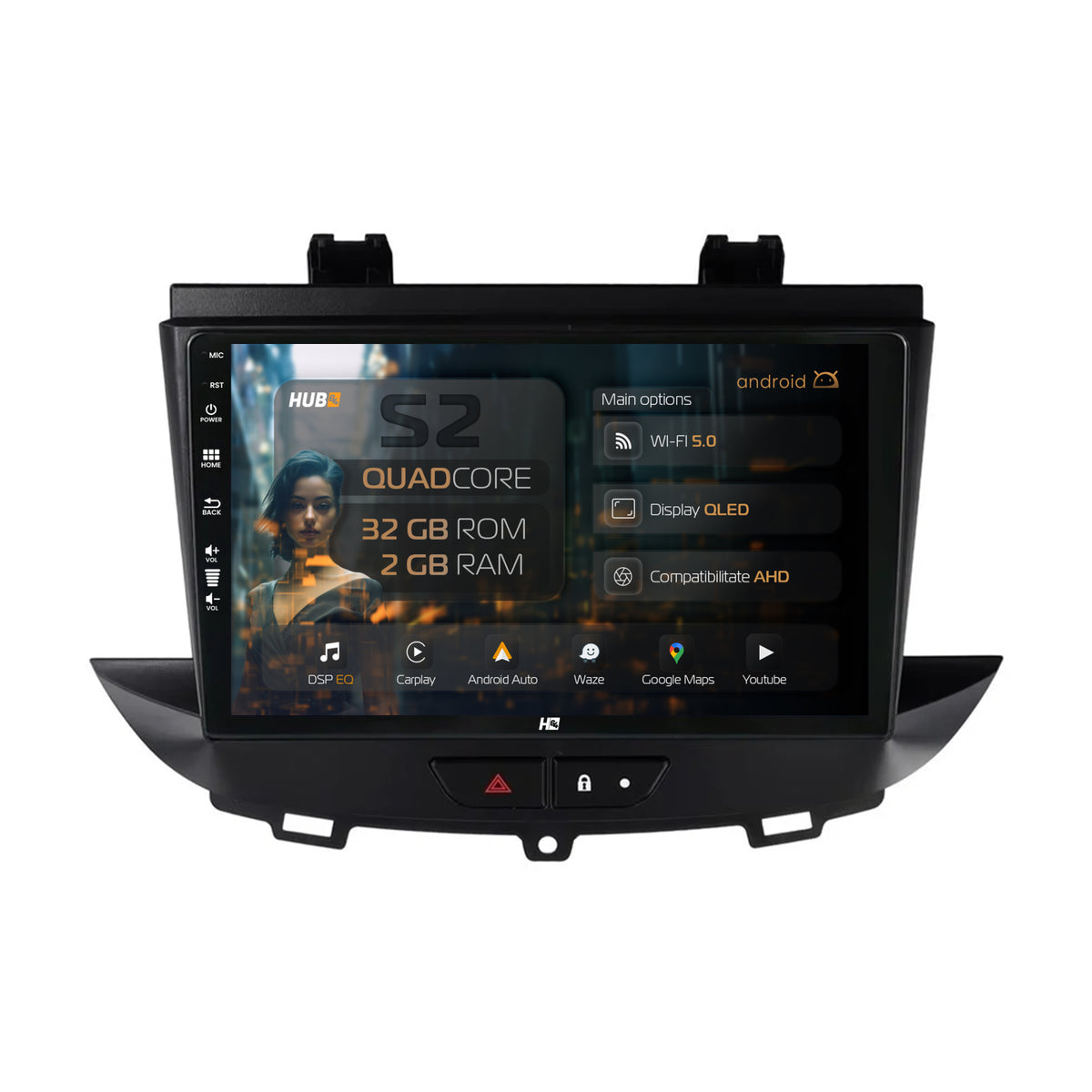 Navigatie HUB64 Opel Grandland X / Crossland X (2017-2021), 2GB RAM, Android, GPS, Wi-FI, Carplay, Android Auto, USB, Bluetooth, Radio, Waze, Touchscreen, 9 Inch