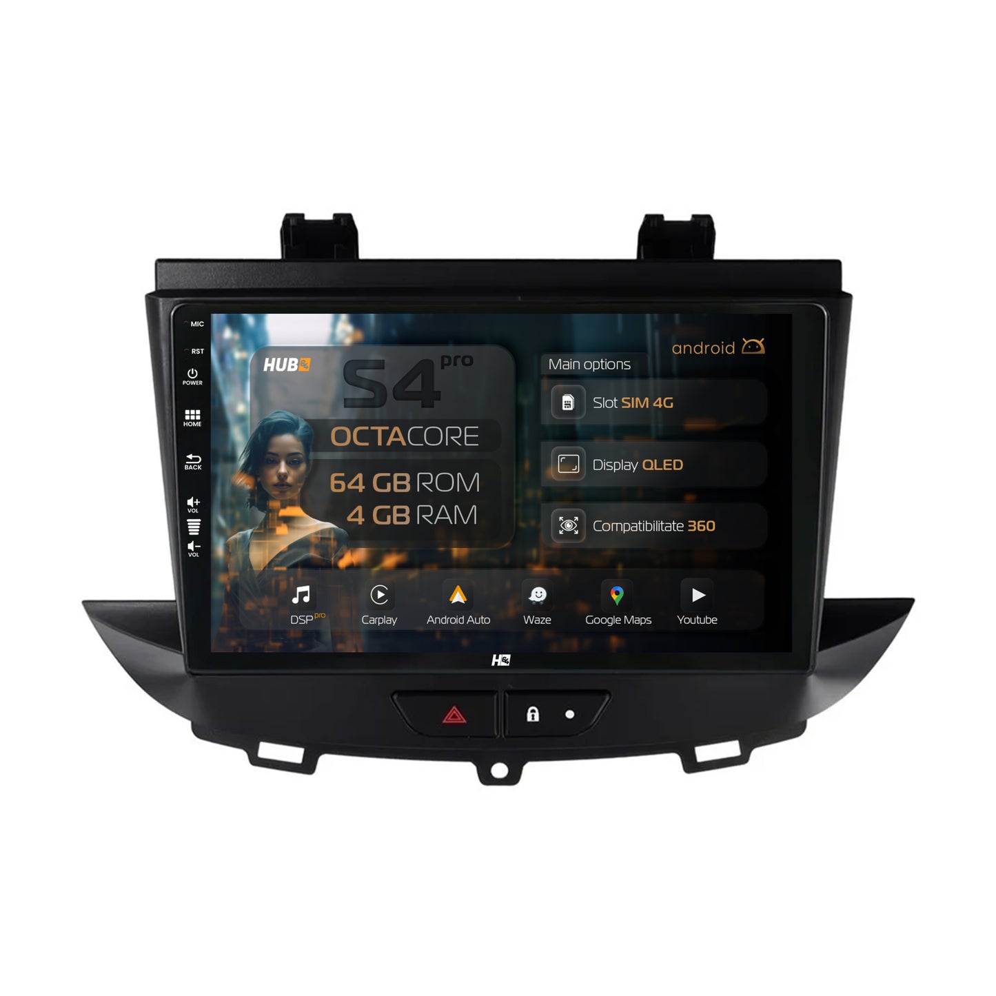 Navigatie HUB64 Opel Grandland X / Opel Crossland X (2017-2021), 4GB RAM, Android, Octacore, Slot Sim 4G, DSP, GPS, Wi-FI, Carplay, Android Auto, USB, Bluetooth, Waze, Touchscreen, 9 Inch