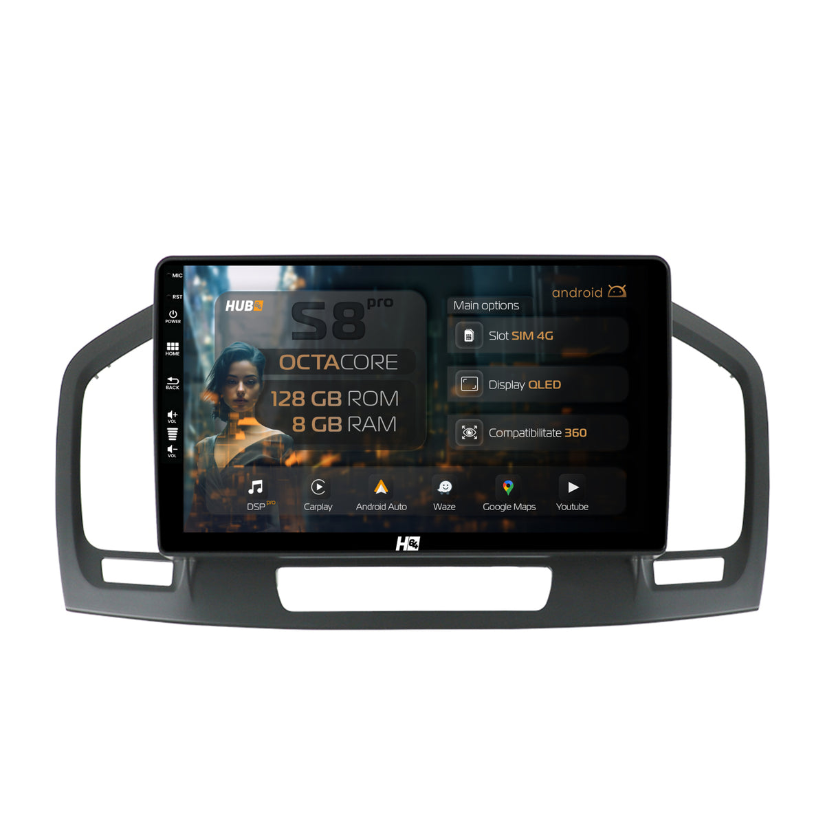 Navigatie HUB64 Opel Insignia (2008-2013), 8GB RAM, Android, Octacore, Slot Sim 4G, DSP, GPS, Wi-FI, Carplay, Android Auto, USB, Bluetooth, Waze, Touchscreen, 9 Inch