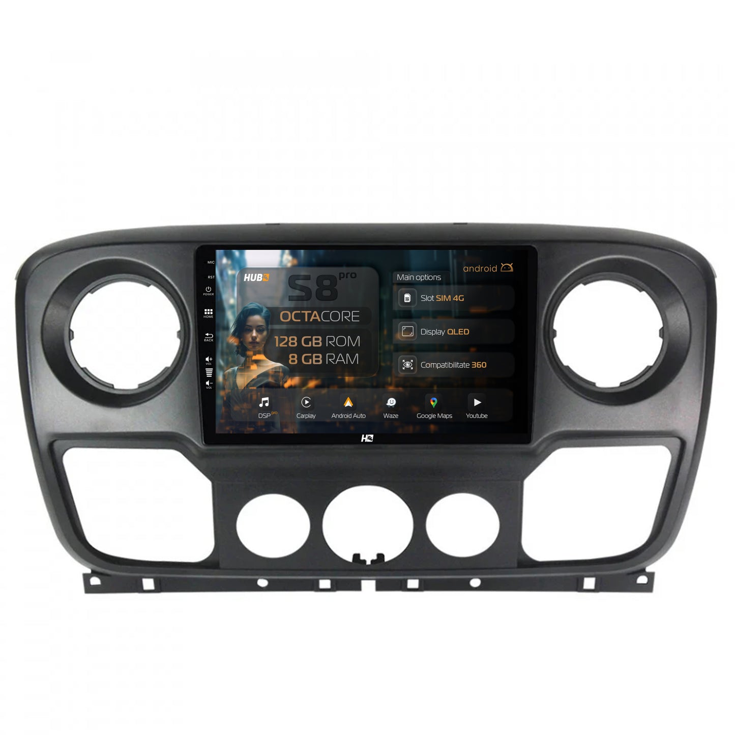 Navigatie HUB64 Opel Movano / Renault Master / Nissan NV400 (2011-2019), 8GB RAM, Android, Octacore, Slot Sim 4G, DSP, GPS, Wi-FI, Carplay, Android Auto, USB, Bluetooth, Waze, Touchscreen, 10.1 Inc