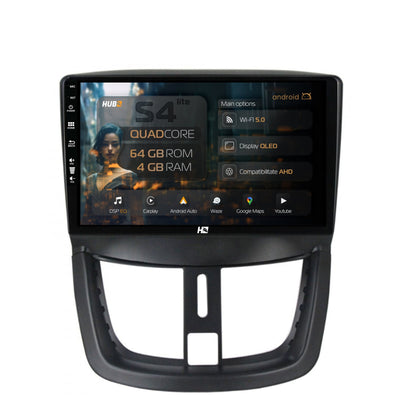 Navigatie HUB64 Peugeot 207, 4GB RAM, Android, Quadcore, DSP, GPS, Wi-FI, Carplay, Android Auto, USB, Bluetooth, Waze, Touchscreen, 9 inch