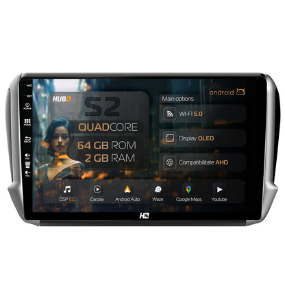 Navigatie HUB64 Peugeot 208/2008 (2012+), 2GB RAM, Android, GPS, Wi-FI, Carplay, Android Auto, USB, Bluetooth, Radio, Waze, Touchscreen, 10.1 inch