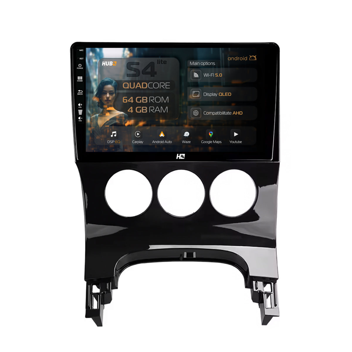Navigatie HUB64 Peugeot 3008/5008, 4GB RAM, Android, Quadcore, DSP, GPS, Wi-FI, Carplay, Android Auto, USB, Bluetooth, Waze, Touchscreen, 9 inch