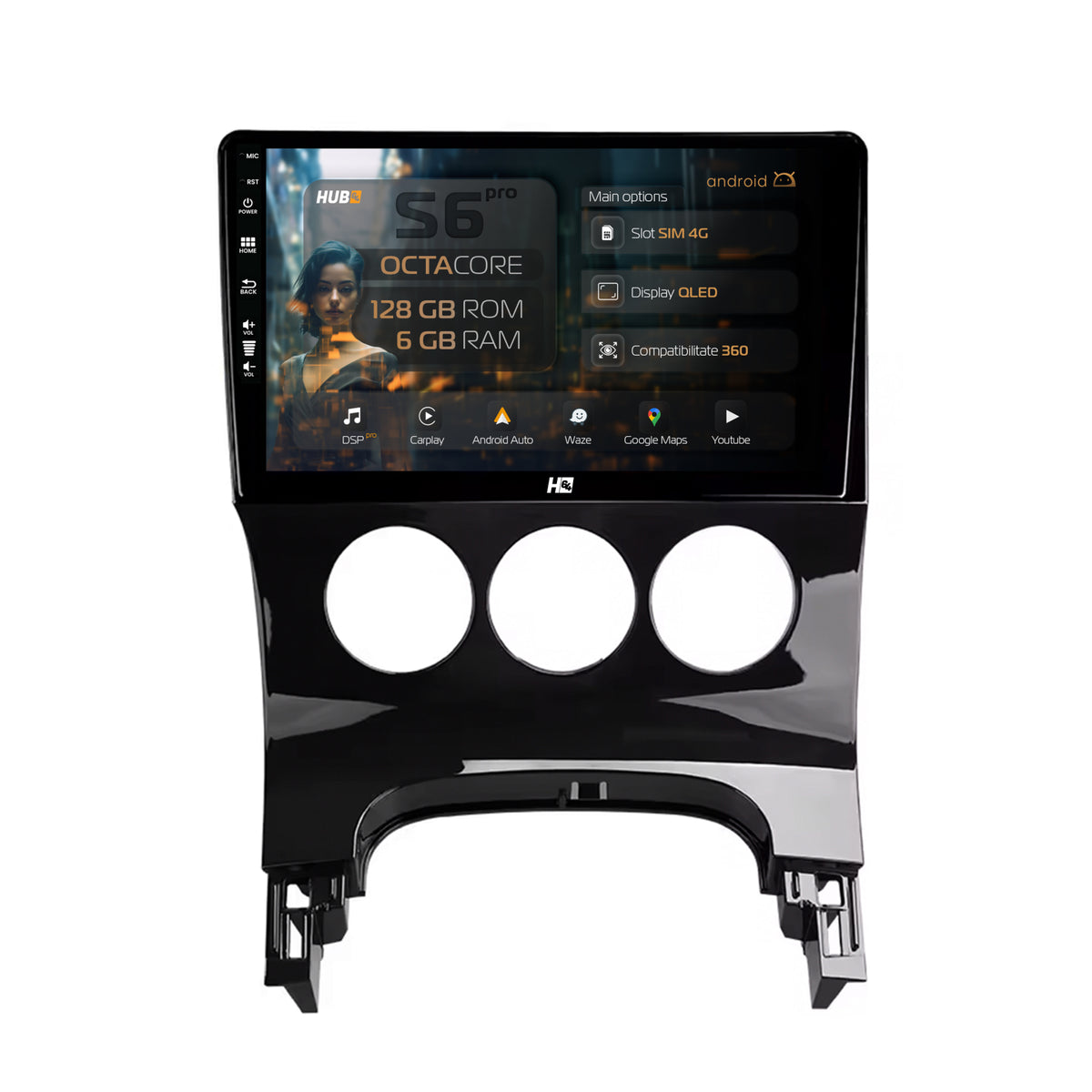 Navigatie HUB64 Peugeot 3008/5008, 6GB RAM, Android, Octacore, Slot Sim 4G, DSP, GPS, Wi-FI, Carplay, Android Auto, USB, Bluetooth, Waze, Touchscreen, 9 Inch