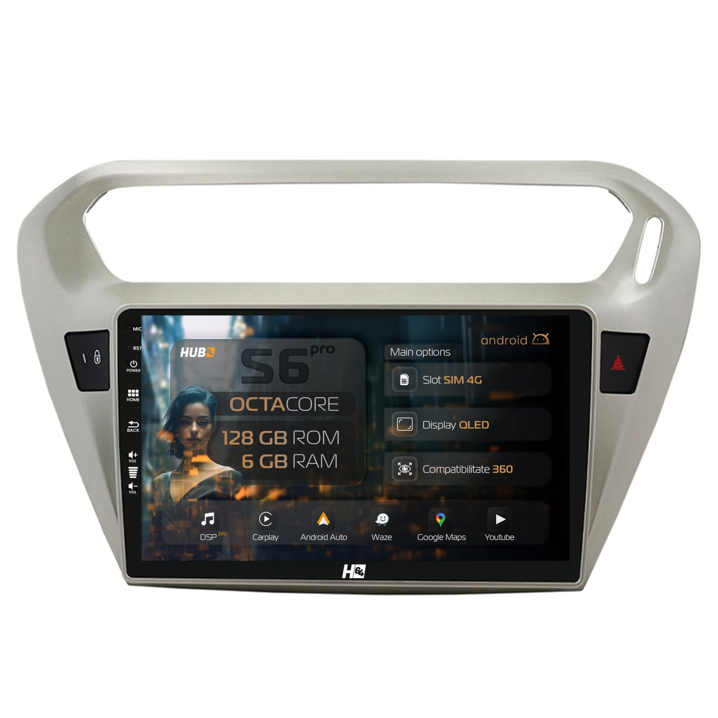 Navigatie HUB64 Peugeot 301 / Citroen C-Elysee, 6GB RAM, Android, Octacore, Slot Sim 4G, DSP, GPS, Wi-FI, Carplay, Android Auto, USB, Bluetooth, Waze, Touchscreen, 9 Inch