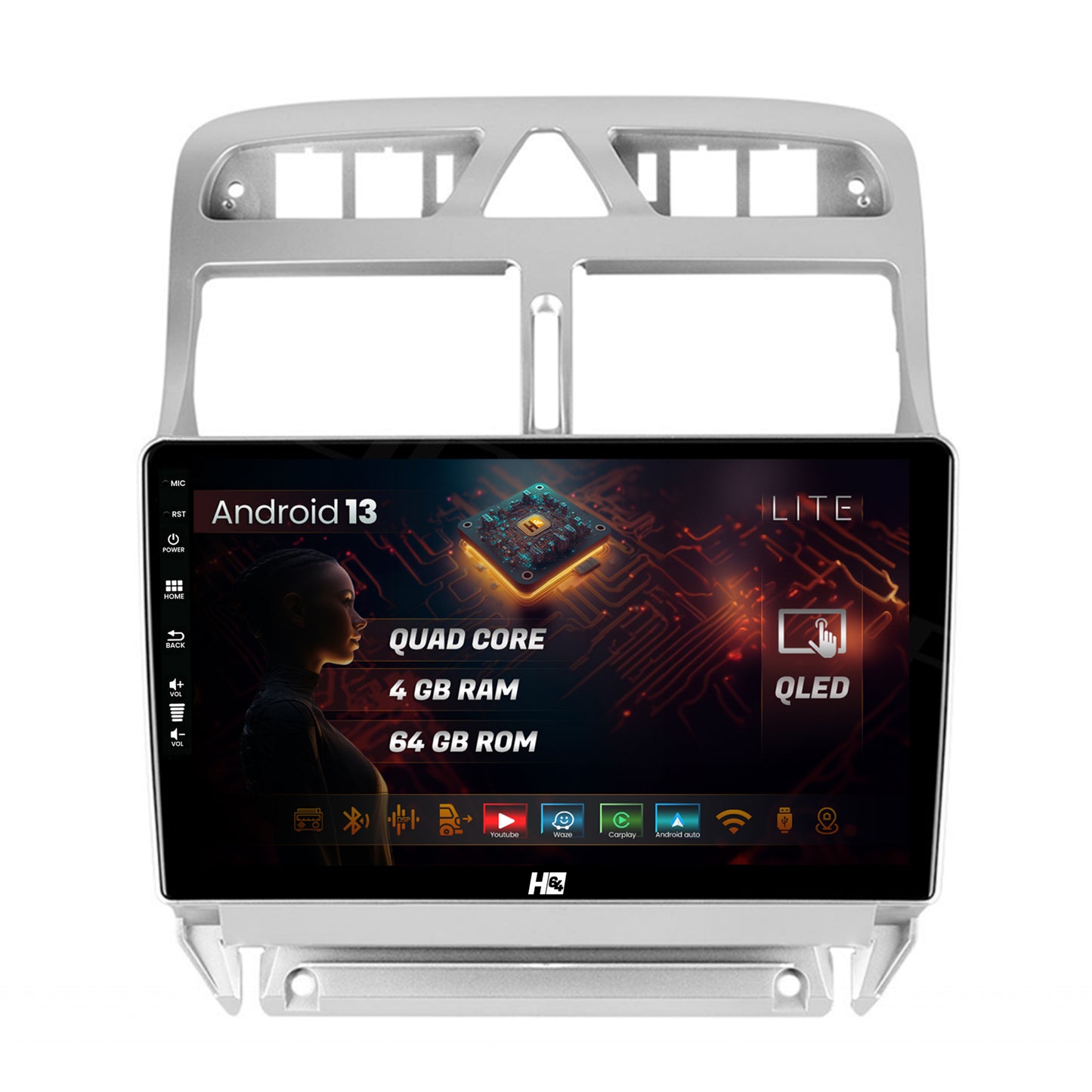 Navigatie HUB64 Peugeot 307, 4GB RAM, Android, Quadcore, DSP, GPS, Wi-FI, Carplay, Android Auto, USB, Bluetooth, Waze, Touchscreen, 9 inch