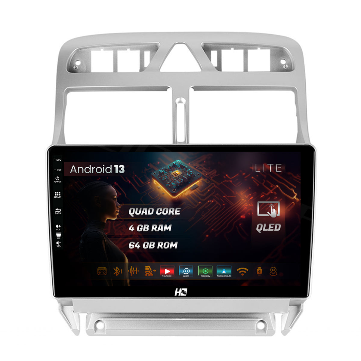 Navigatie HUB64 Peugeot 307, 4GB RAM, Android, Quadcore, DSP, GPS, Wi-FI, Carplay, Android Auto, USB, Bluetooth, Waze, Touchscreen, 9 inch