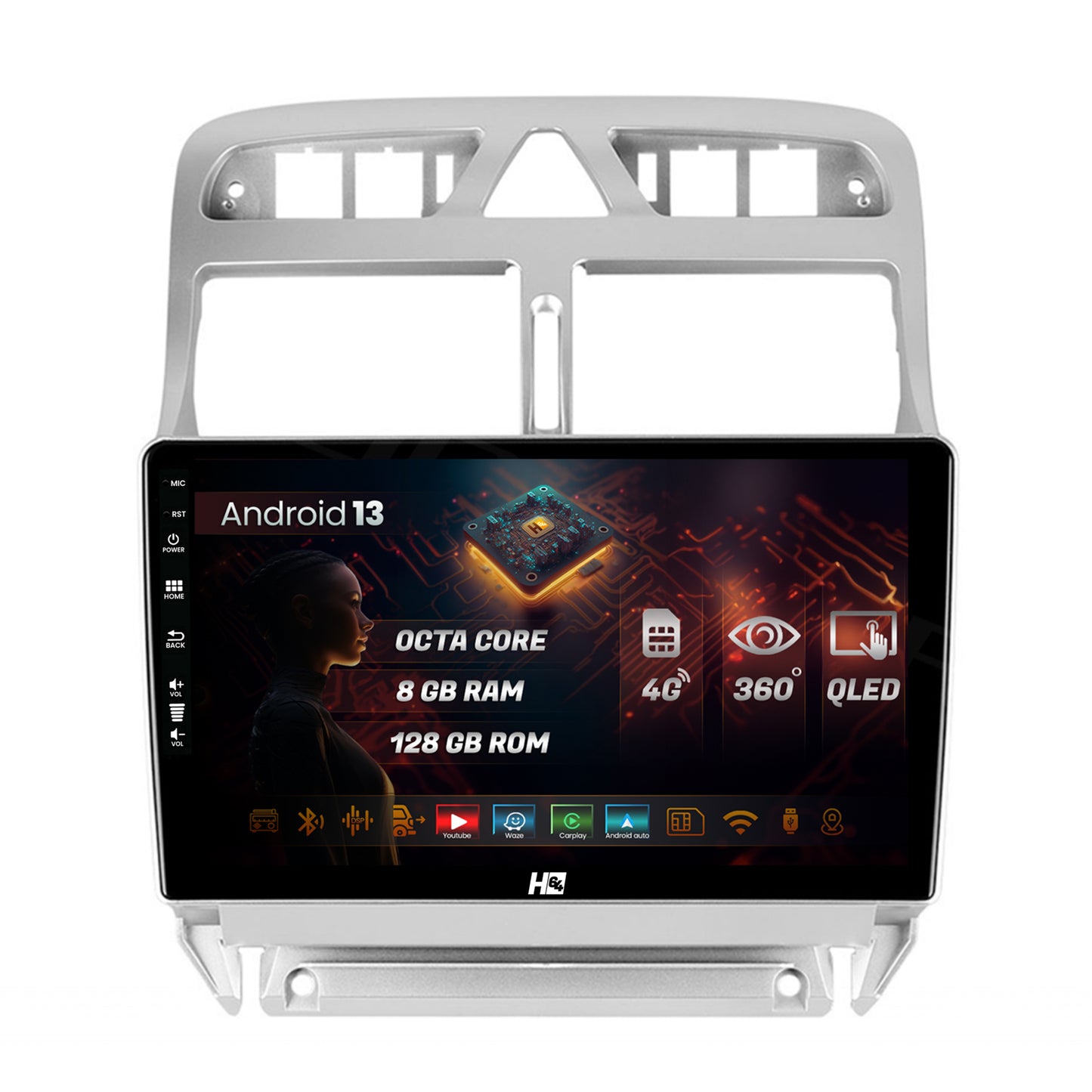Navigatie HUB64 Peugeot 307, 8GB RAM, Android, Octacore, Slot Sim 4G, DSP, GPS, Wi-FI, Carplay, Android Auto, USB, Bluetooth, Waze, Touchscreen, 9 Inch
