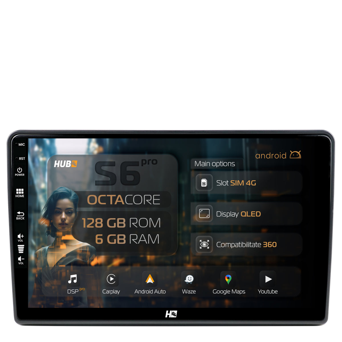 Navigatie HUB64 Peugeot 308 (2012-2017), 6GB RAM, Android, Octacore, Slot Sim 4G, DSP, GPS, Wi-FI, Carplay, Android Auto, USB, Bluetooth, Waze, Touchscreen, 9 Inch