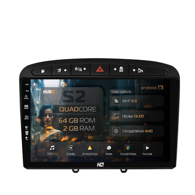 Navigatie HUB64 Peugeot 308/408 (2008-2013), 2GB RAM, Android, GPS, Wi-FI, Carplay, Android Auto, USB, Bluetooth, Radio, Waze, Touchscreen, 9 inch